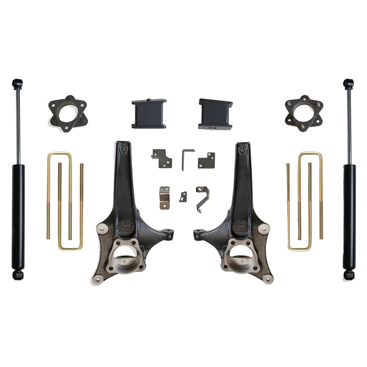 Complete suspension kit MaxTrac K881964 6.5"/4" Lift Kit for 2019–2024 Chevy Silverado & GMC Sierra 1500 2WD with spindles, lift blocks, spacers, U-bolts, and rear Max Trac shocks