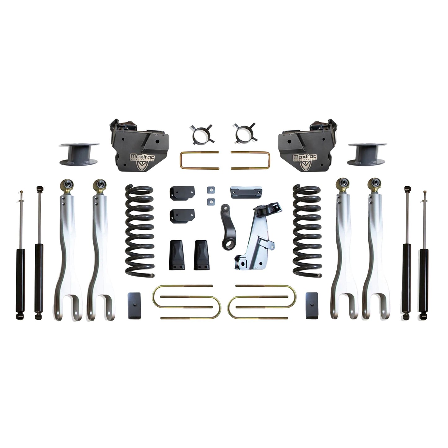 MaxTrac forged aluminum 4-link lift kit with diesel coils and shocks | Max Trac Ram 3500 premium air ride suspension lift | Ram 3500 6 inch lift kit with 4-links and MaxTrac shocks