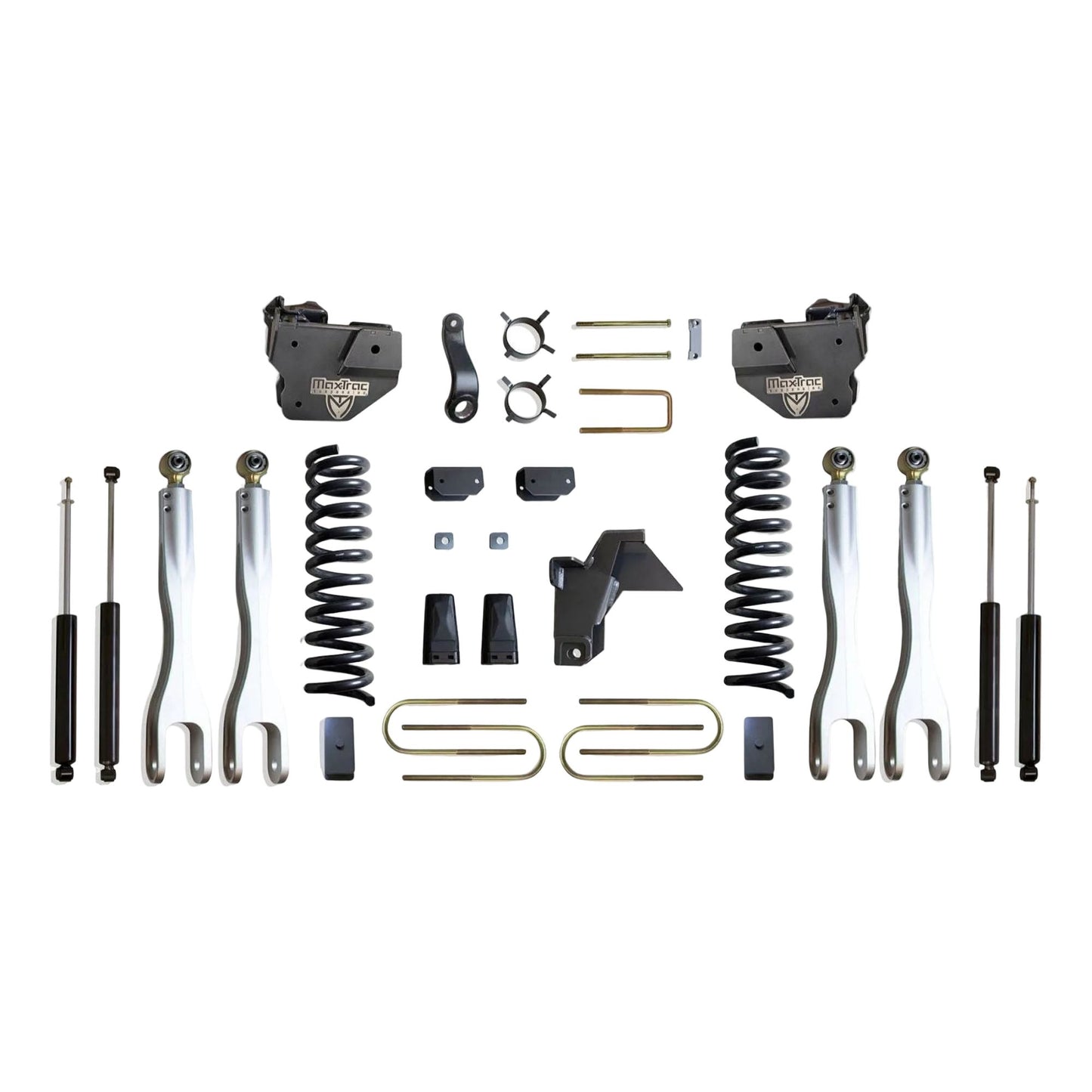 MaxTrac forged aluminum 4-link lift kit with diesel coils blocks and shocks | Max Trac Ram 3500 suspension lift | Ram 3500 8 inch lift with 40 inch tire clearance