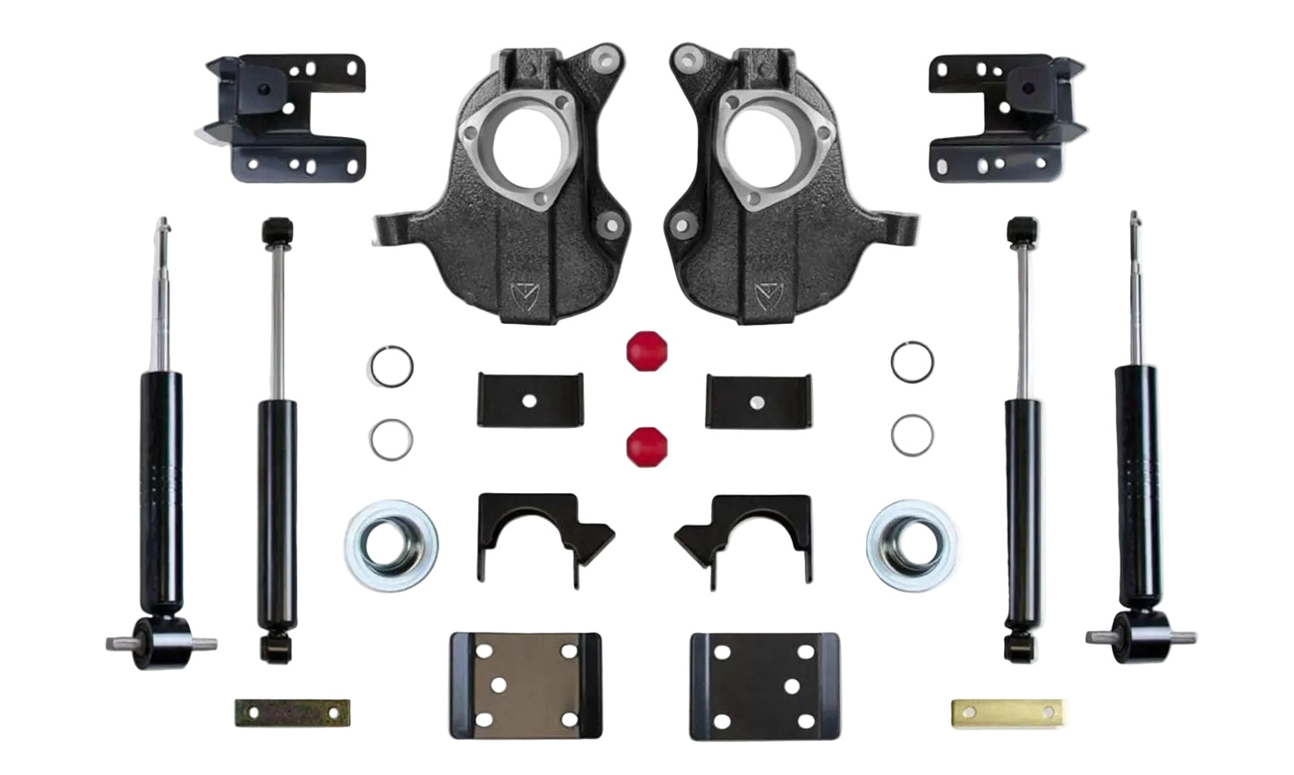 MaxTrac 3-4 front 5-6 rear drop kit with struts spindles and rear shocks | Silverado Sierra adjustable suspension kit | Max Trac lowering kit for GM 1500 Legacy