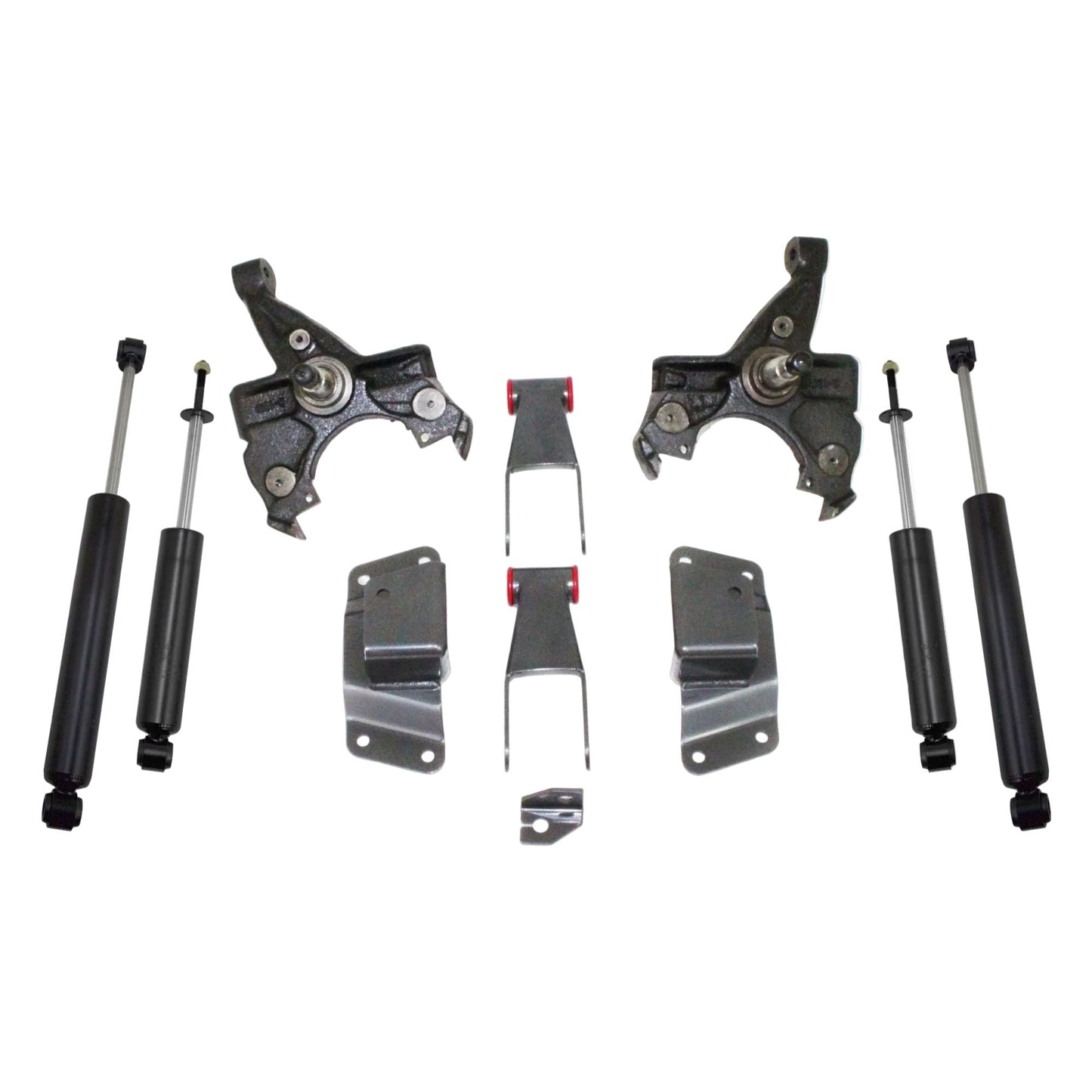 OBS Chevy GMC lowering kit with HD spindles hangers shackles and shocks | MaxTrac KS330524H Silverado 1500 HD rotor lowering suspension | 1988-1998 Sierra 1500 2WD 2 inch front 4 inch rear drop kit