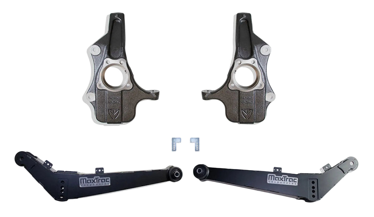 2021-2026 Tahoe Suburban Yukon lowering suspension | MaxTrac front spindles and high clearance rear control arms | GM SUV 0 to 3 inch adjustable rear lowering arms | MaxTrac KS330823HC 50 percent more ground clearance | Tahoe Yukon lowering kit for 18 inch or larger wheels