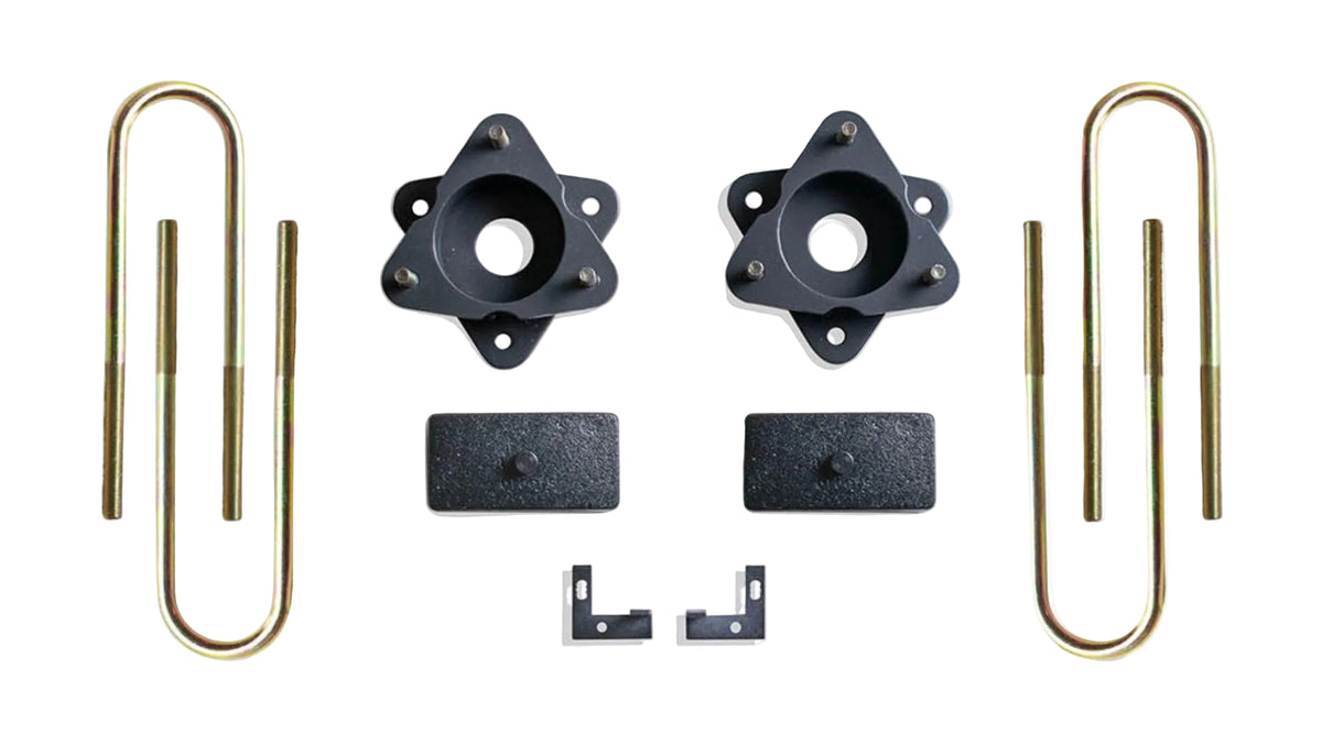 2025-2026 GM 1500 2WD 4WD 3 inch front 1 inch rear lift | MaxTrac Adaptive Ride front spacers and sensor provisions | Silverado Sierra leveling kit with rear blocks and U-bolts | MaxTrac MP880231MR leveling kit for up to 33 inch tires