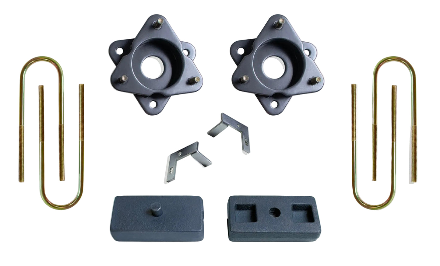 2019-2026 GM 1500 Adaptive Ride Control leveling system | MaxTrac front spacers with Adaptive Ride sensor provisions | Silverado Sierra 1 inch rear blocks and U-bolts | MaxTrac MP881931MR 2WD 4WD leveling kit for 33 inch tires