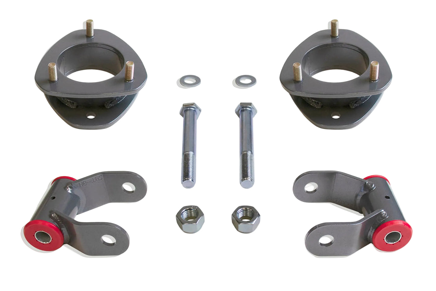 2021-2026 F-150 2WD 4WD front strut spacers rear shackles | MaxTrac F-150 front 2.5 inch strut spacer lift | Ford F-150 1 inch rear lift shackles | MaxTrac MP884121 F-150 leveling suspension kit for 33 inch tires