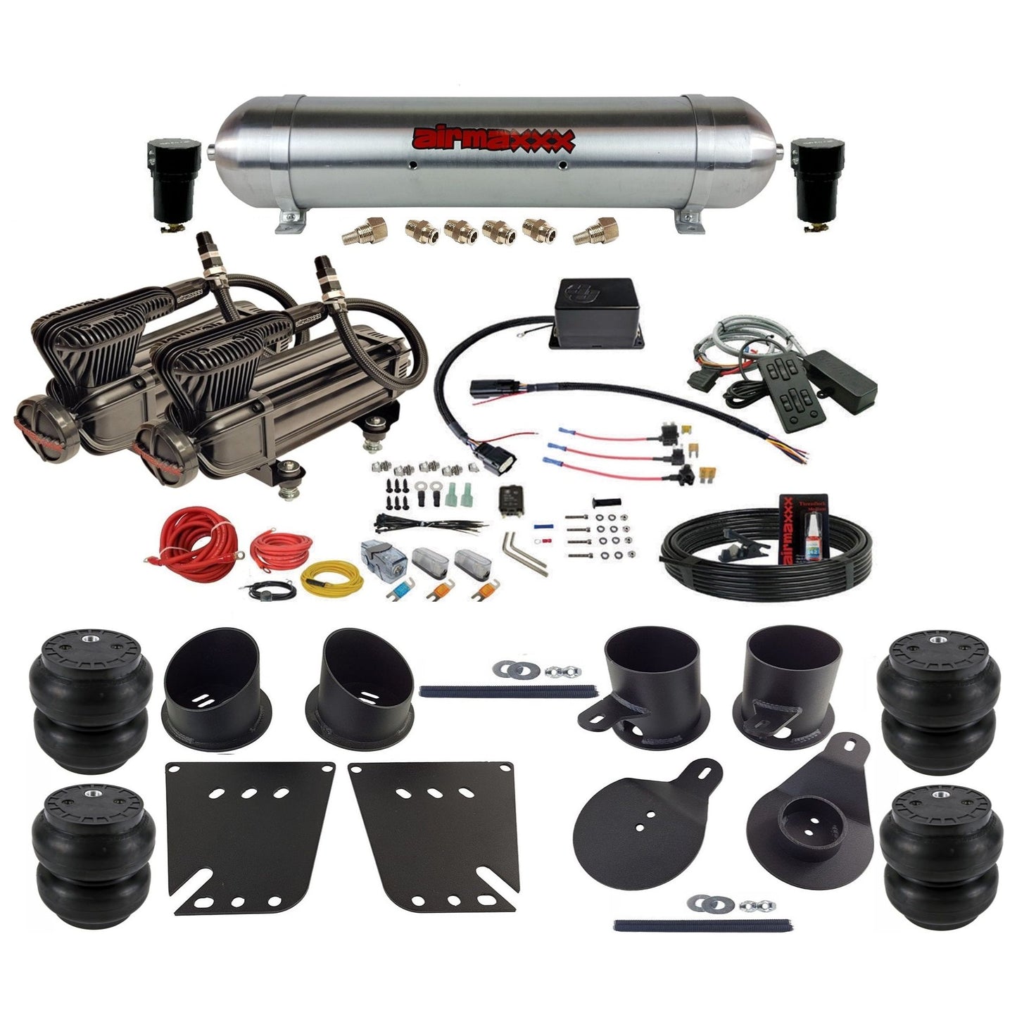 Slam Specialties SV-8C dual x-series compressors raw aluminum tank slam bags air ride kit fits 1958–1964 Impala KIMP58-XB2-57ARW-SV8CMC1-WK-HFSS7