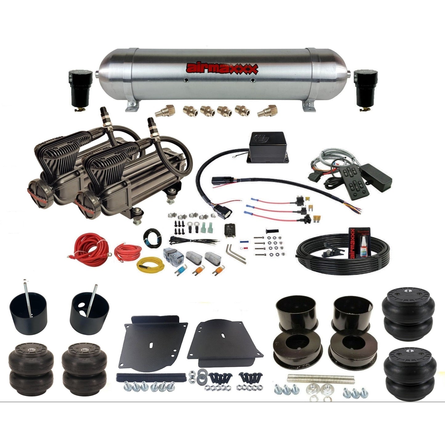 Slam Specialties SV8C dual x-series compressors raw aluminum tank & slam bags air ride kit for 1964–72 GM A-Body KABDY-XB2-57ARW-SV8CMC1-WK-HFSS6SS7