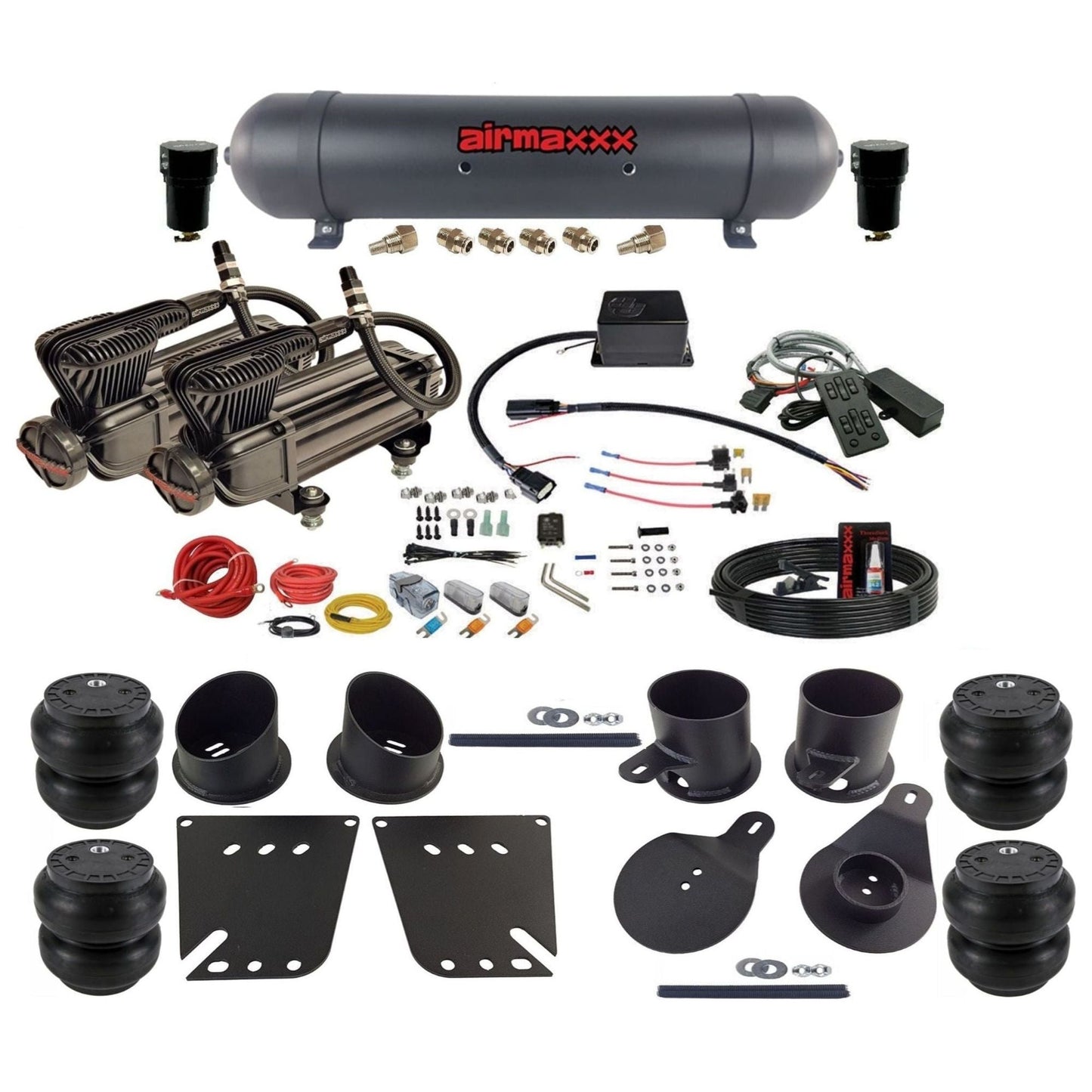 Slam Specialties dual x-series compressors aluminum tank slam bags air ride kit for 1958–64 Chevy Impala KIMP58-XB2-57ABK-SV8CMC1-WK-HFSS7