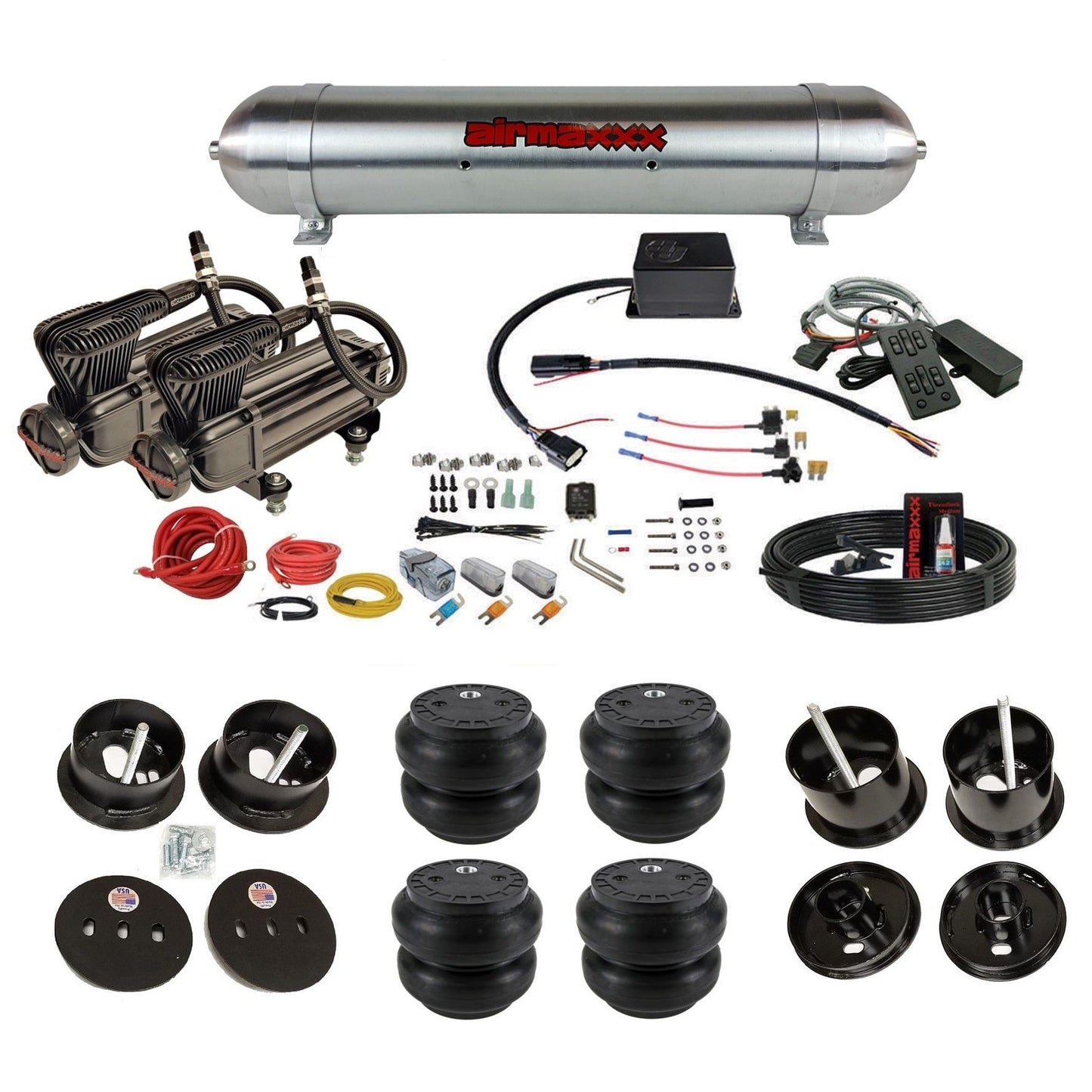 Slam Specialties dual x-series compressors raw aluminum tank slam bags air ride kit for 1961–62 Cadillac K-CAD6162-XB2-57ARW-SV8C-MC1-WK-HFSS7