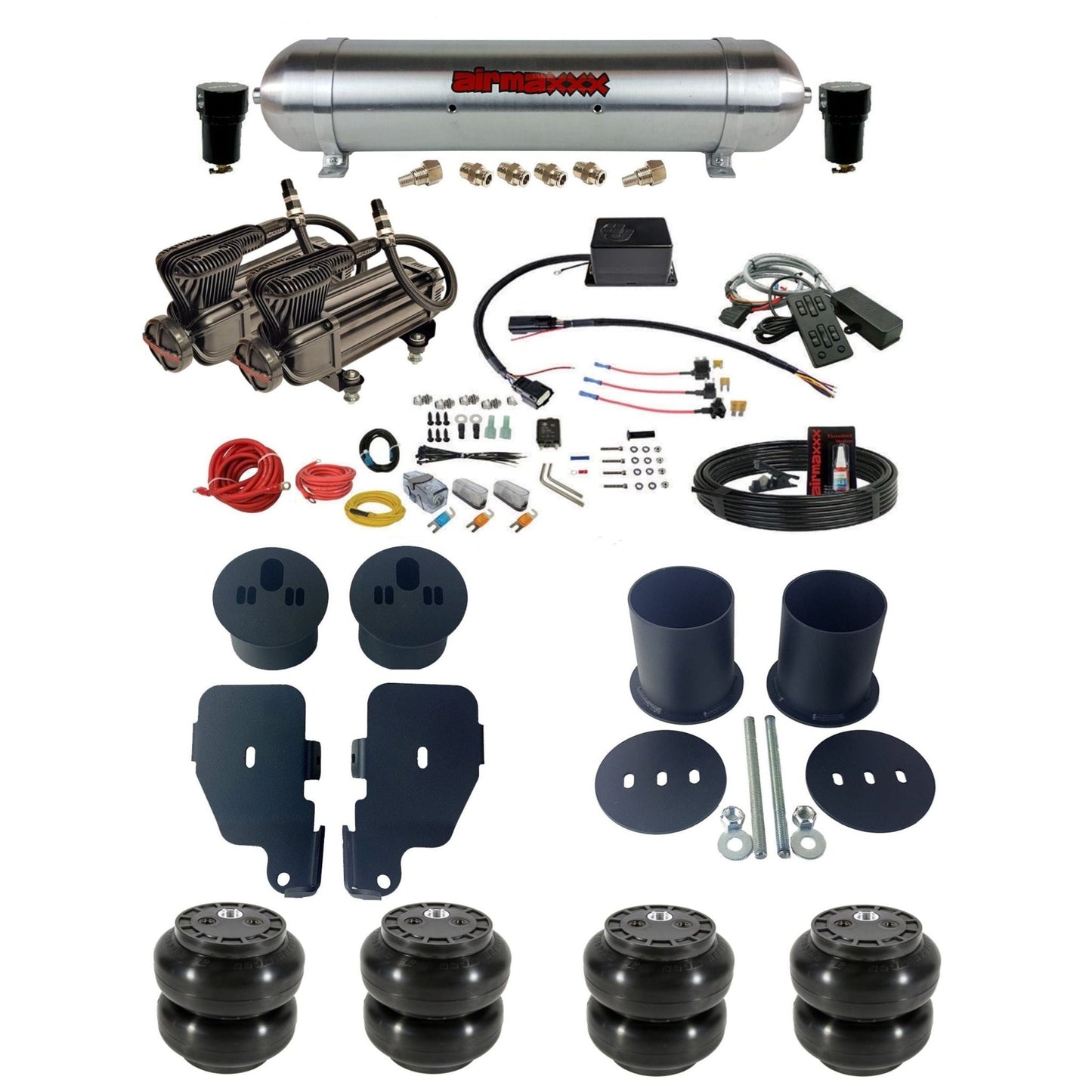 Slam Specialties dual x-series compressors raw aluminum tank & slam bags air ride kit for 1965–70 Impala KIMP65-XB2-57ARW-SV8CMC1-WK-HFSS6