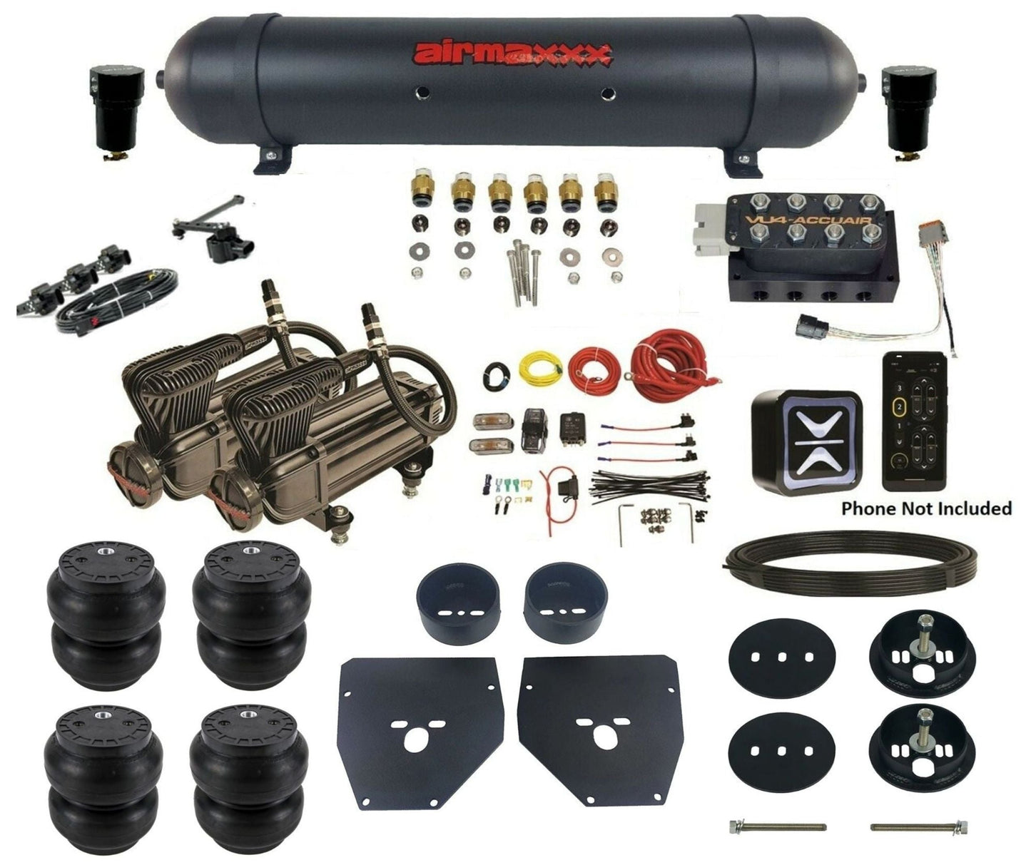accuair e-level pressure+ vu4 dual x-series compressors aluminum tank slam bags air ride kit for 1963-1972 chevy c10 KC1063-X2B-57ABK-VU4EHT-WK-HFSS7
