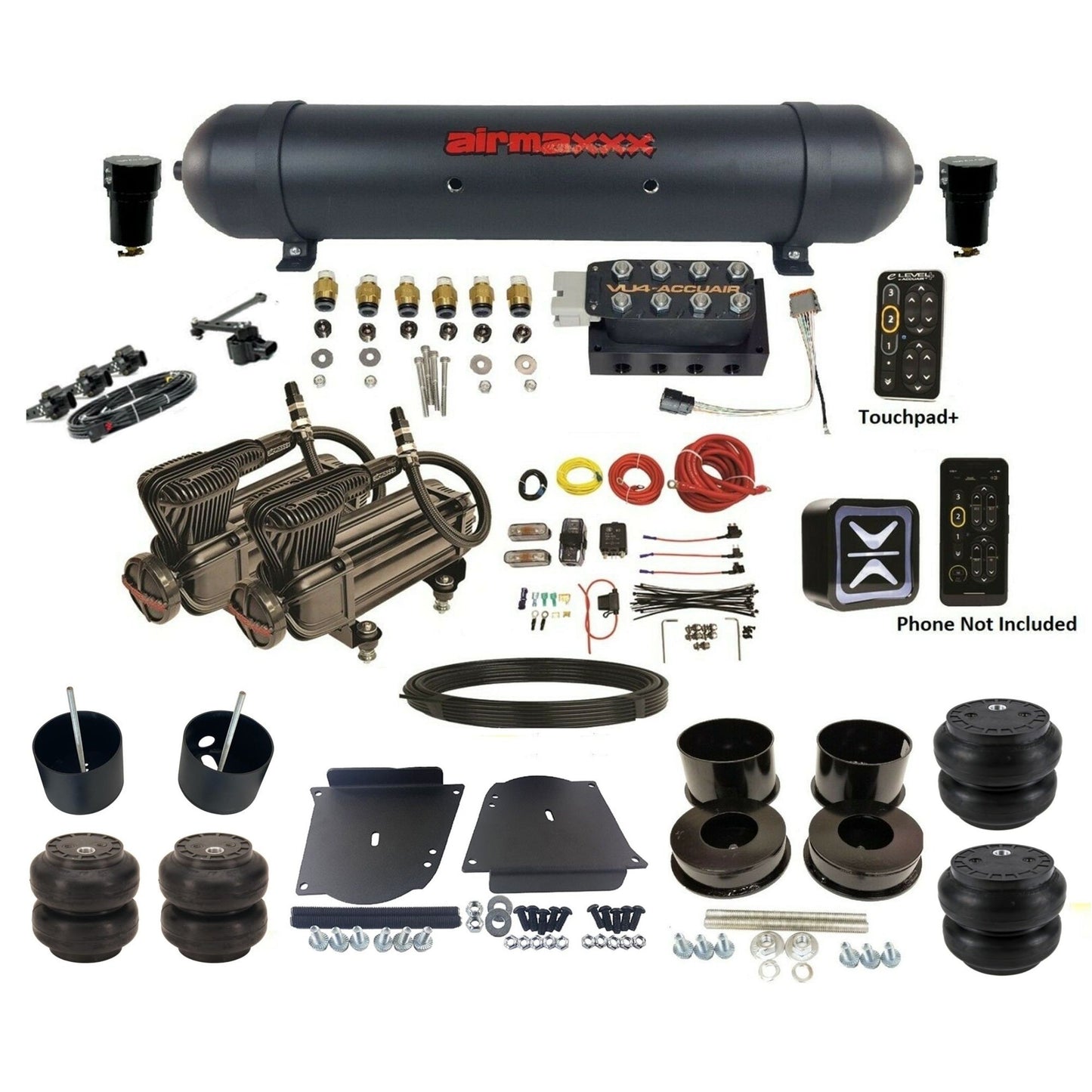 accuair e+ connect height+ vu4 dual x-series compressors aluminum tank & slam bags air ride kit for 1964-1972 gm a-body KABDY-X2B-57ABK-VU4EHT-WK-HFSS6SS7