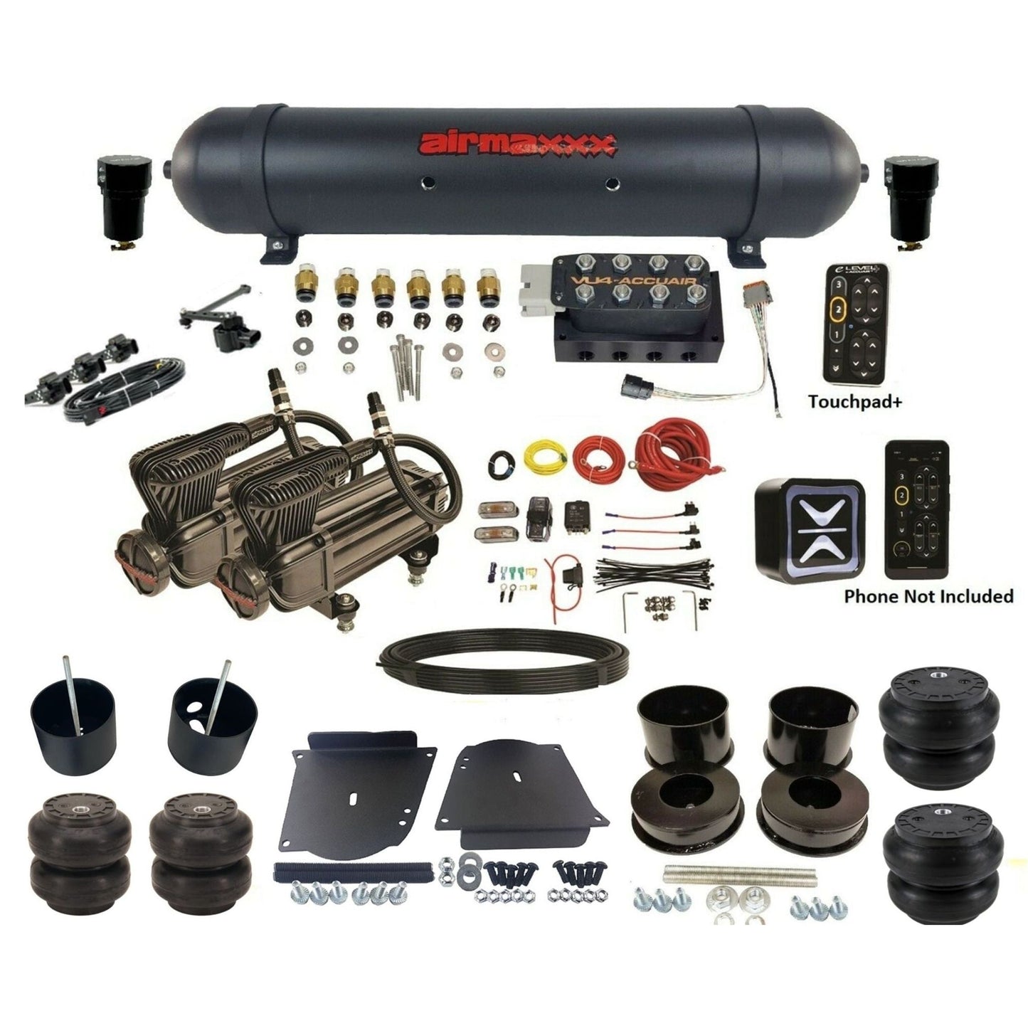 accuair e+ connect height+ vu4 dual x-series compressors aluminum tank & slam bags air ride kit for 1964-1972 gm a-body KABDY-X2B-57ABK-VU4EHT-WK-HFSS6SS7