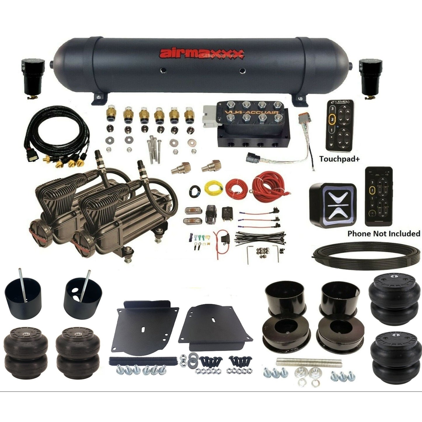 accuair e+ connect pressure+ vu4 black x-series compressors aluminum tank & slam bags air ride kit for 1964-1972 gm a-body KABDY-X2B-57ABK-VU4EPT-WK-HFSS6SS7