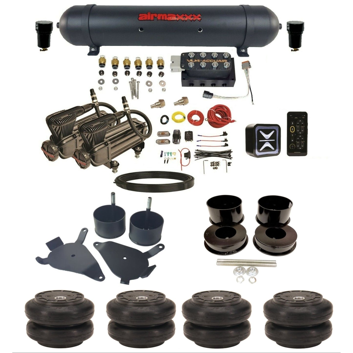 accuair e+ connect vu4 dual x-series compressors aluminum tank slam bags air ride kit for 1978-1988 gm g-body KGBDY-X2B-57ABK-VU4E-WK-HFSS6