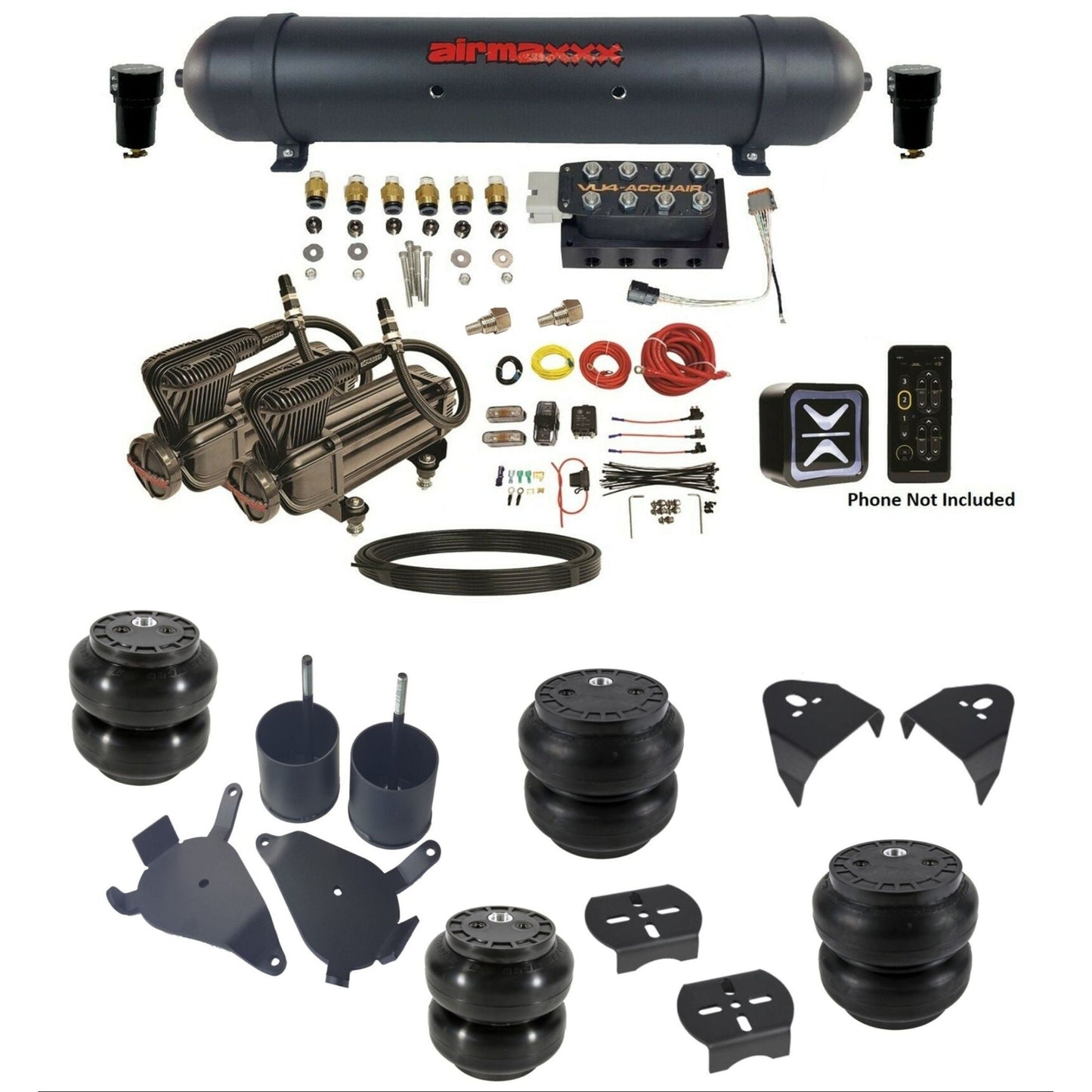accuair e+ connect vu4 dual x-series compressors aluminum tank & slam bags air ride kit for 1982-2005 chevy s10 KS10-X2B-57ABK-VU4E-WK-HFSS6SS7
