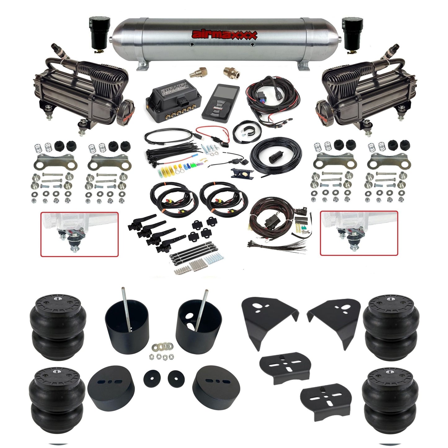 air lift 3h 27695 air ride kit dual x-series compressors raw aluminum tank slam bags & airmaxxx brackets fits 1988-98 chevy/GMC c15 2wd KGM88-XB2-57ARW-27695-WK-3P2SS7