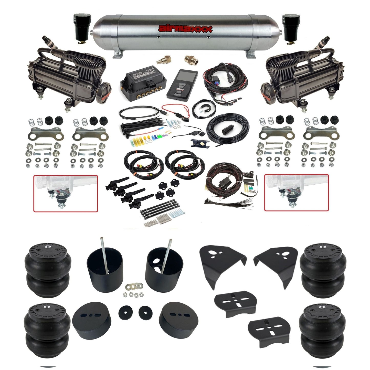 air lift 3h 27695 air ride kit dual x-series compressors raw aluminum tank slam bags & airmaxxx brackets fits 1988-98 chevy/GMC c15 2wd KGM88-XB2-57ARW-27695-WK-3P2SS7