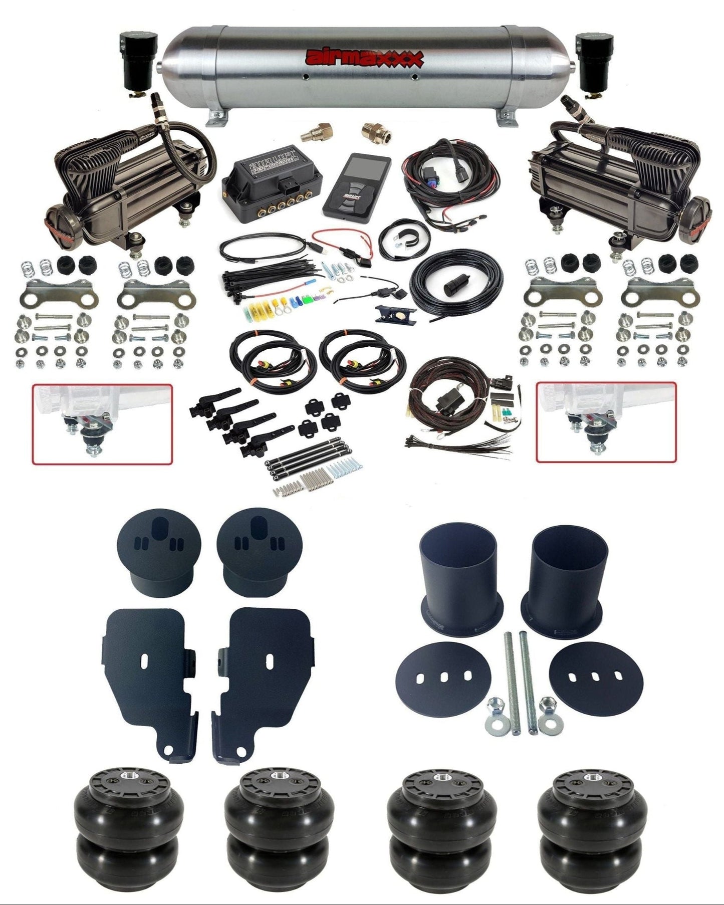 air lift 3h 27695 air ride kit with X-series compressors raw aluminum tank Slam bags & airmaxxx bolt on brackets fits 1965-70 impala KIMP65-XB2-57ARW-27695-WK-3P2SS6