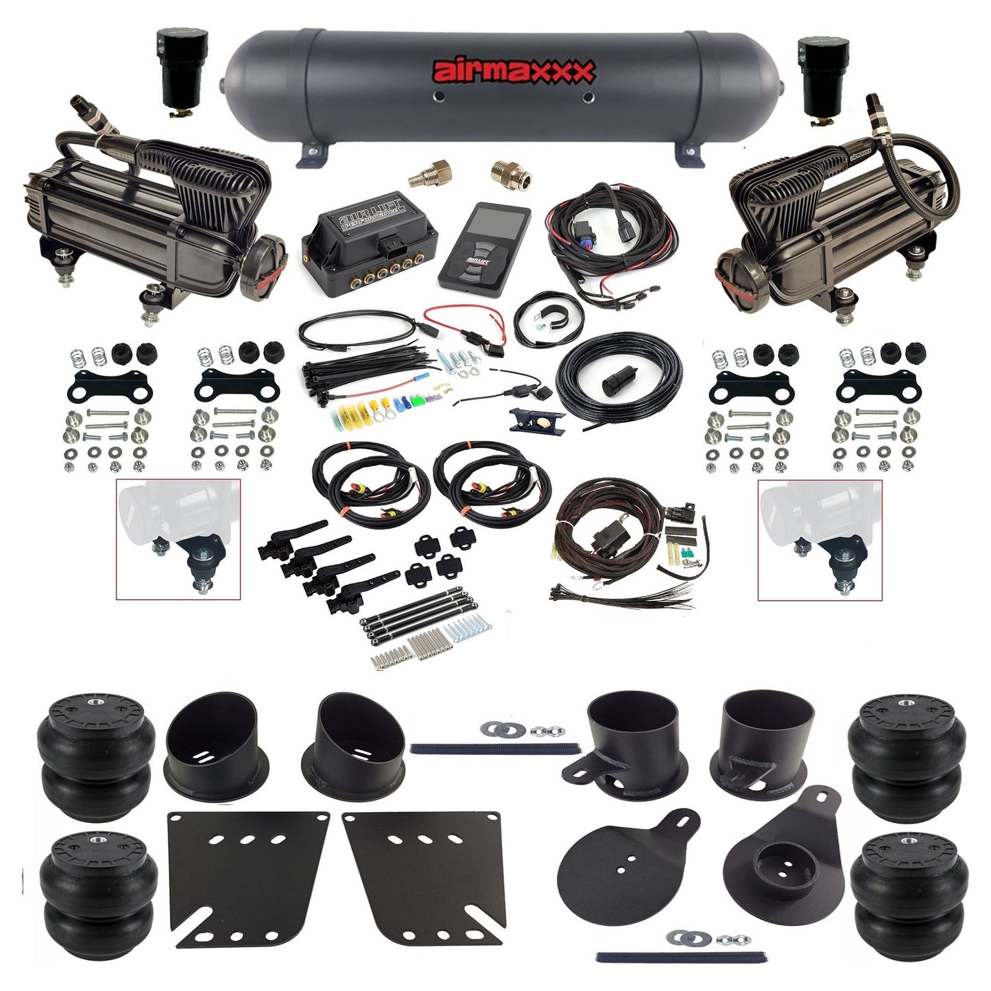 air lift 3h 27695 dual X-series compressors aluminum tank slam bags & airmaxxx brackets air ride kit for 1958-64 chevy impala KIMP58-XB2-57ABK-27695-WK-3P2SS7