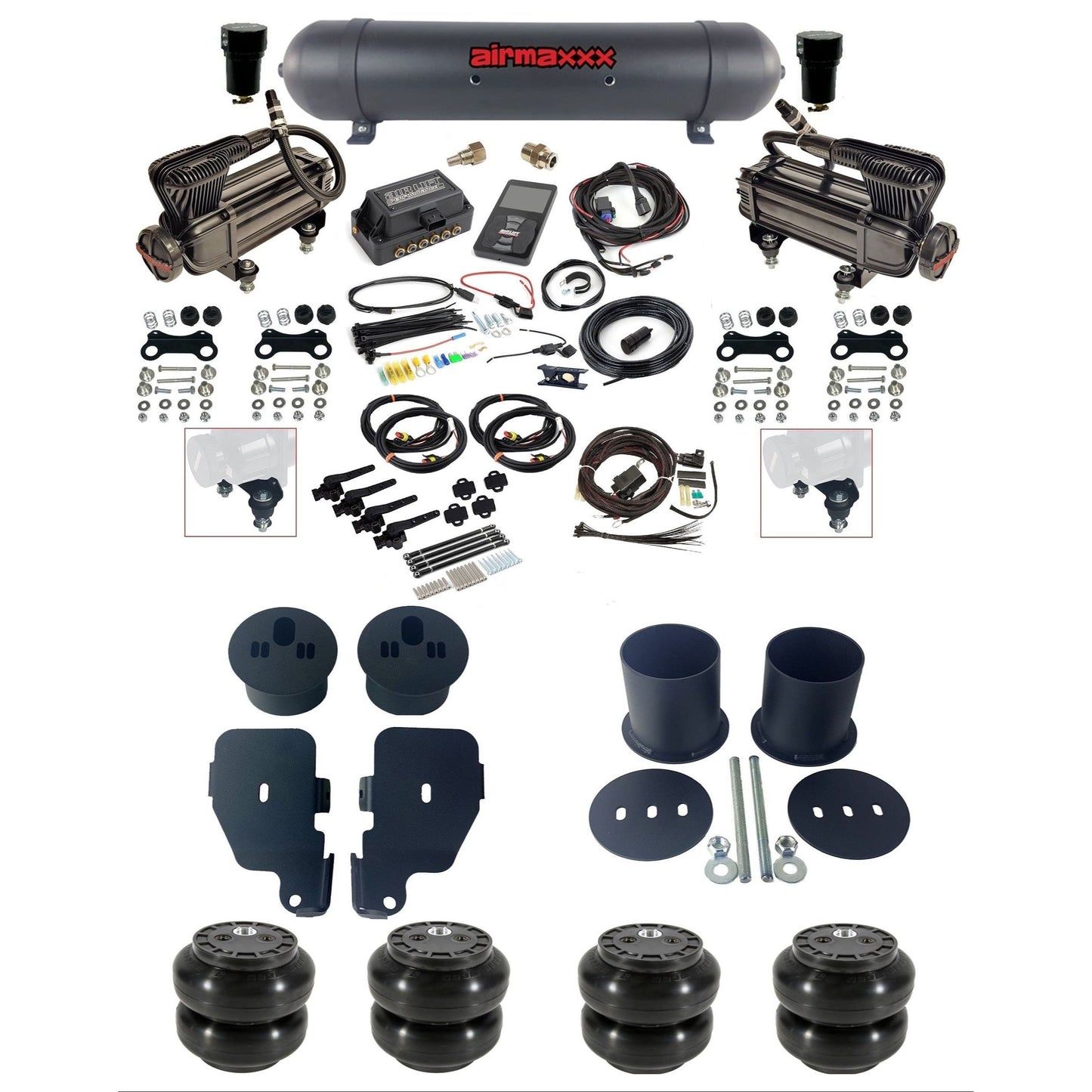 air lift 3h 27695 dual X-series compressors aluminum tank slam bags & airmaxxx brackets air ride kit for 1965-70 chevy impala KIMP65-XB2-57ABK-27695-WK-3P2SS6