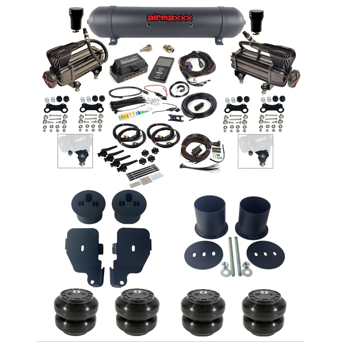 air lift 3h 27695 dual X-series compressors aluminum tank slam bags & airmaxxx brackets air ride kit for 1965-70 chevy impala KIMP65-XB2-57ABK-27695-WK-3P2SS6