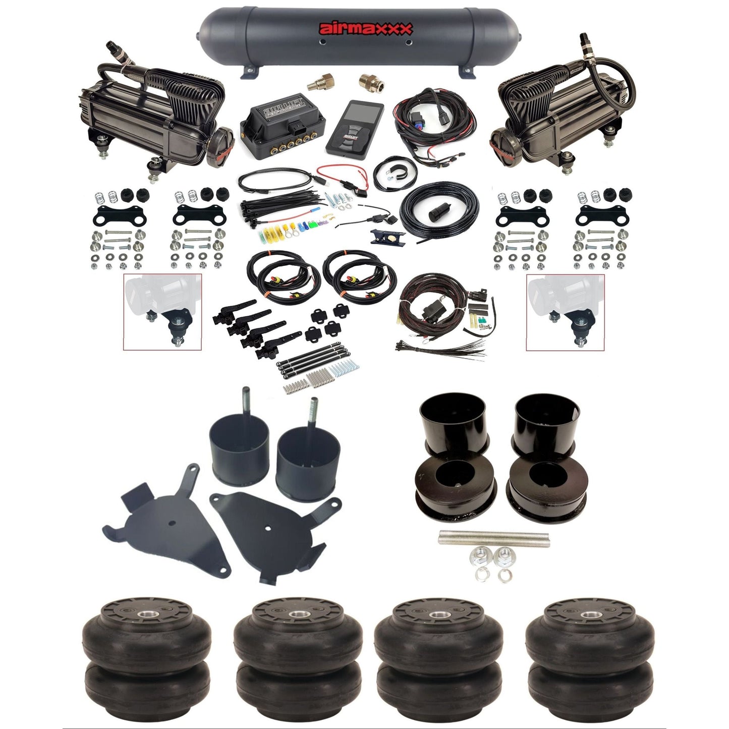 air lift 3h 27695 dual X-series compressors aluminum tank slam bags & airmaxxx brackets air ride kit for 1978-88 gm g-body K-GBODY-XB2-27695-57ABK-WK-3P2SS6