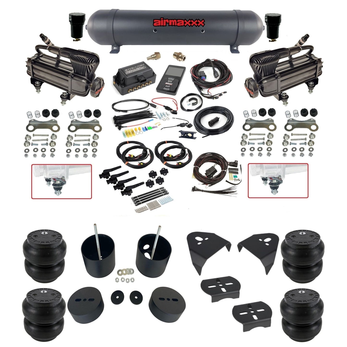 air lift 3h 27695 dual X-series compressors aluminum tank slam bags & airmaxxx brackets air ride kit for 1999-06 chevy silverado KGM99-XB2-57ABK-27695-WK-3P2SS7