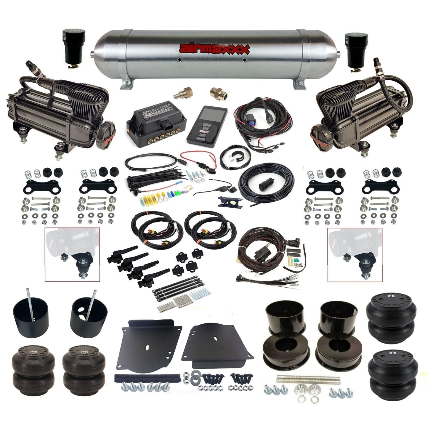 air lift 3h 27695 dual X-series compressors raw aluminum tank slam bags & airmaxxx brackets air ride kit fits 1964-72 gm a-body KABDY-XB2-57ARW-27695-WK-3P2SS6SS7