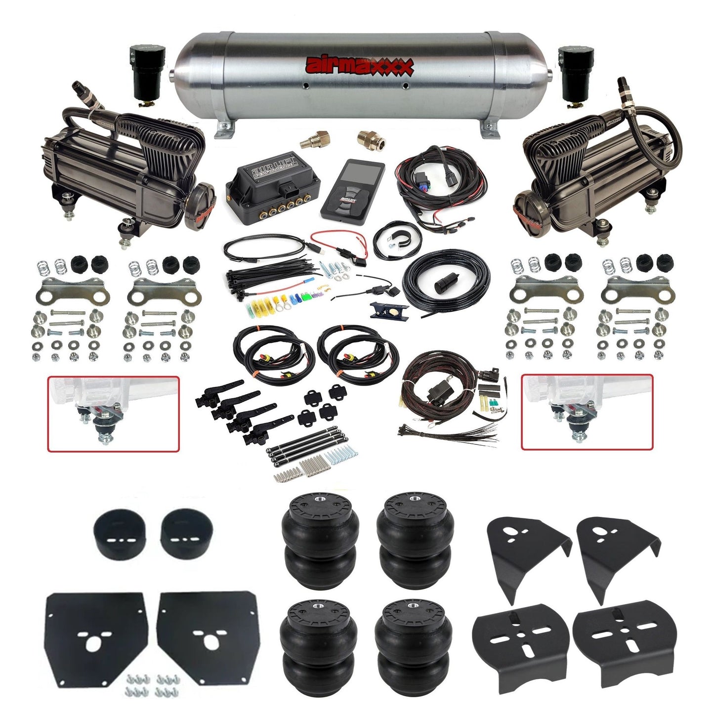 air lift 3h 27695 dual X-series compressors raw aluminum tank slam bags & airmaxxx brackets air ride kit for 1973-87 chevy c10 KC1073-XB2-57ARW-27695-WK-3P2SS7
