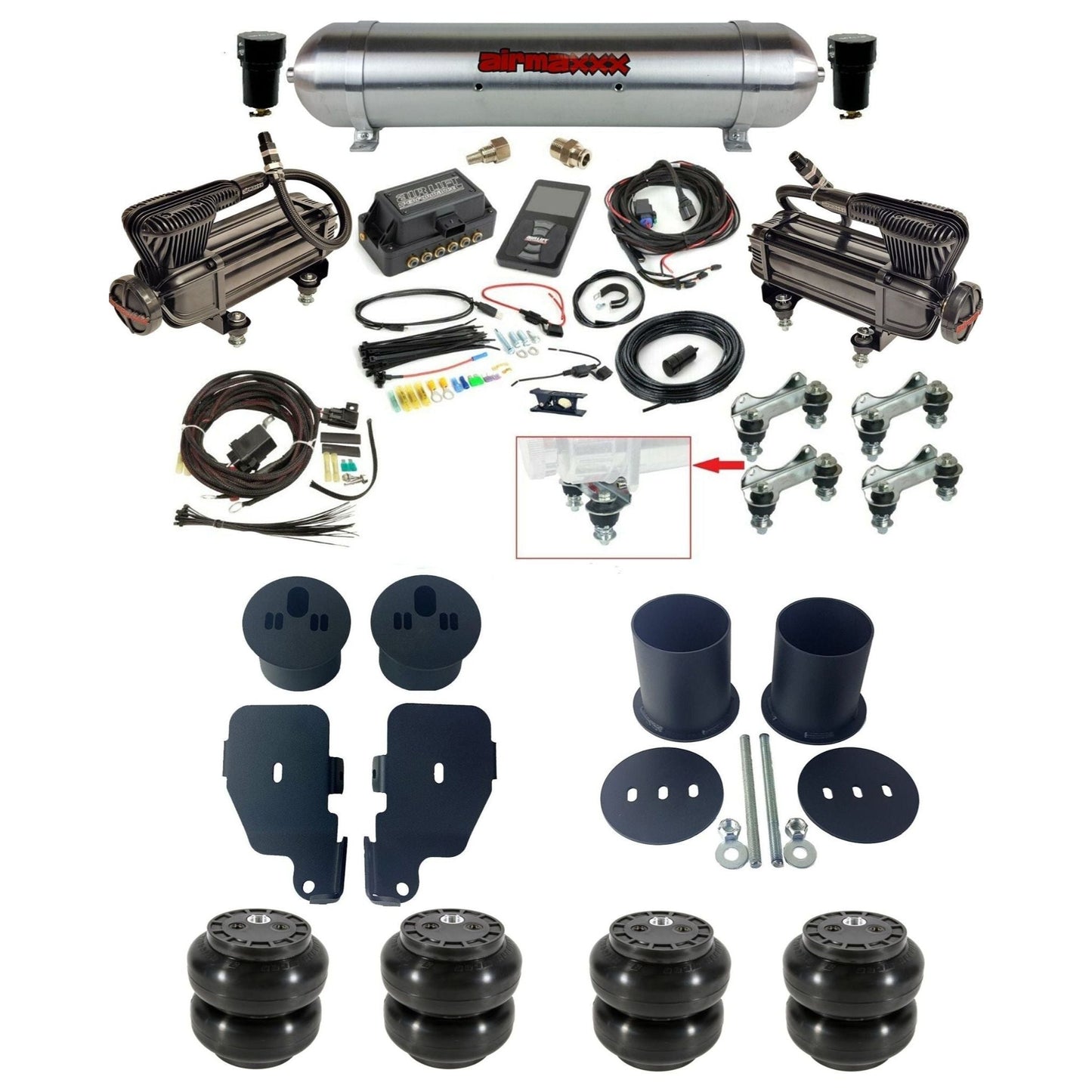 air lift 3p 27685 air ride kit X-series compressors raw aluminum tank slam bags & airmaxxx brackets for 1965-70 chevy impala KIMP65-XB2-57ARW-27685-WK-3P2SS6