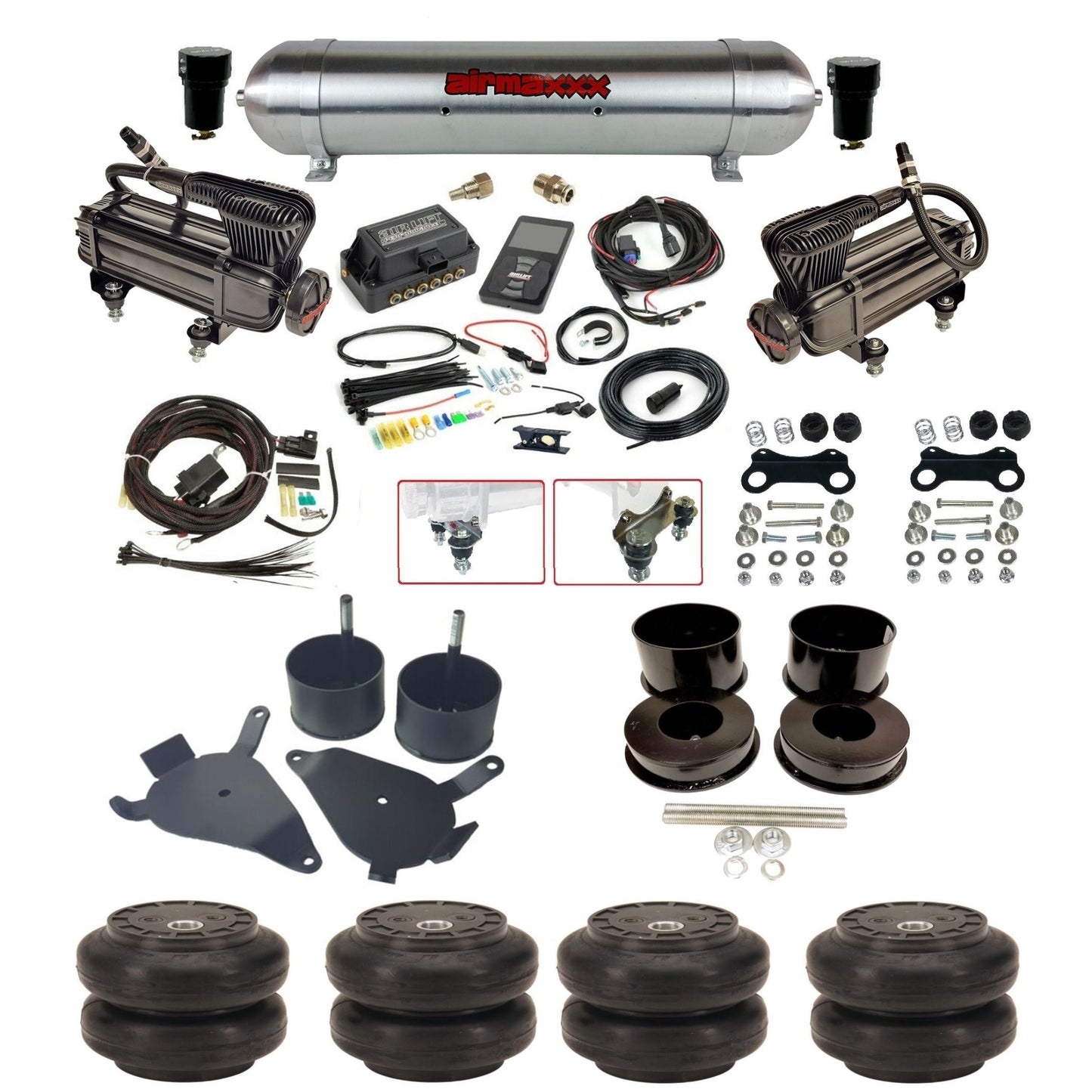 air lift 3p 27685 air ride kit dual X-series air compressors raw aluminum tank slam bags & airmaxxx brackets for 1978-88 g body KGBDY-XB2-57ARW-27685-WK-3P2SS6