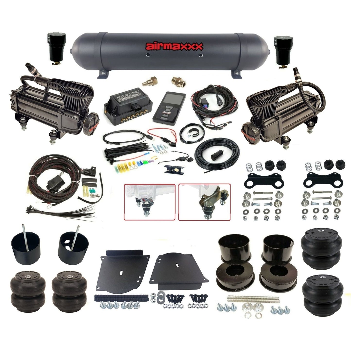 air lift 3p 27685 air ride kit dual x-series compressors aluminum tank slam bags & airmaxxx brackets for 1964-72 gm a-body KABDY-XB2-57ABK-27685-WK-3P2SS6SS7