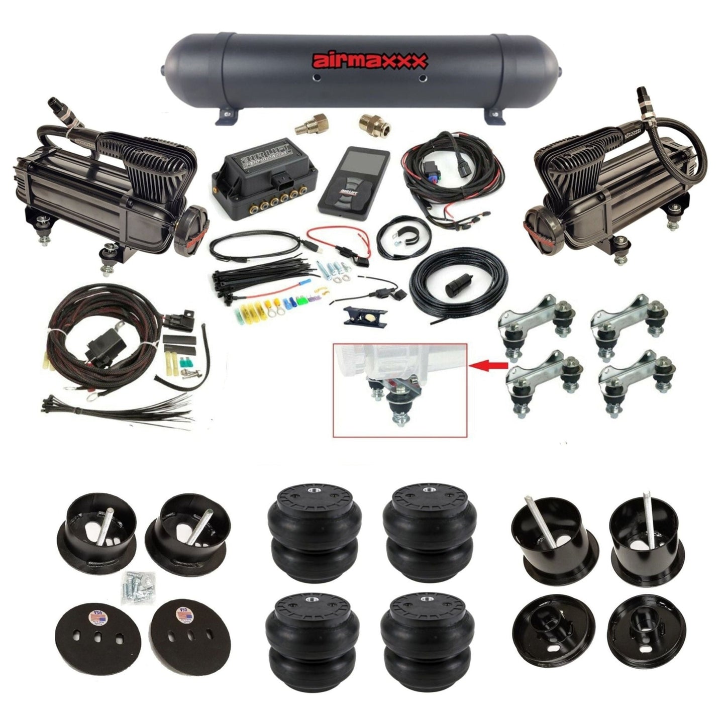 air lift 3p 27685 air ride kit with black X-series compressors black aluminum tank & Slam bags & airmaxxx bolt on brackets fits 1961-62 cadillac K-CAD6162-XB2-57ABK-27685-WK-3P2SS7