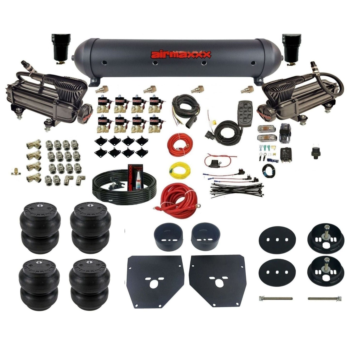 airmaxxx 3/8" Air Suspension Kit X-series air compressors black aluminum air tank Slam bags & brackets Fits 1963-72 Chevy C10 2wd KC1063-XB2-838-59ABK-7BK-WK-HFSS7