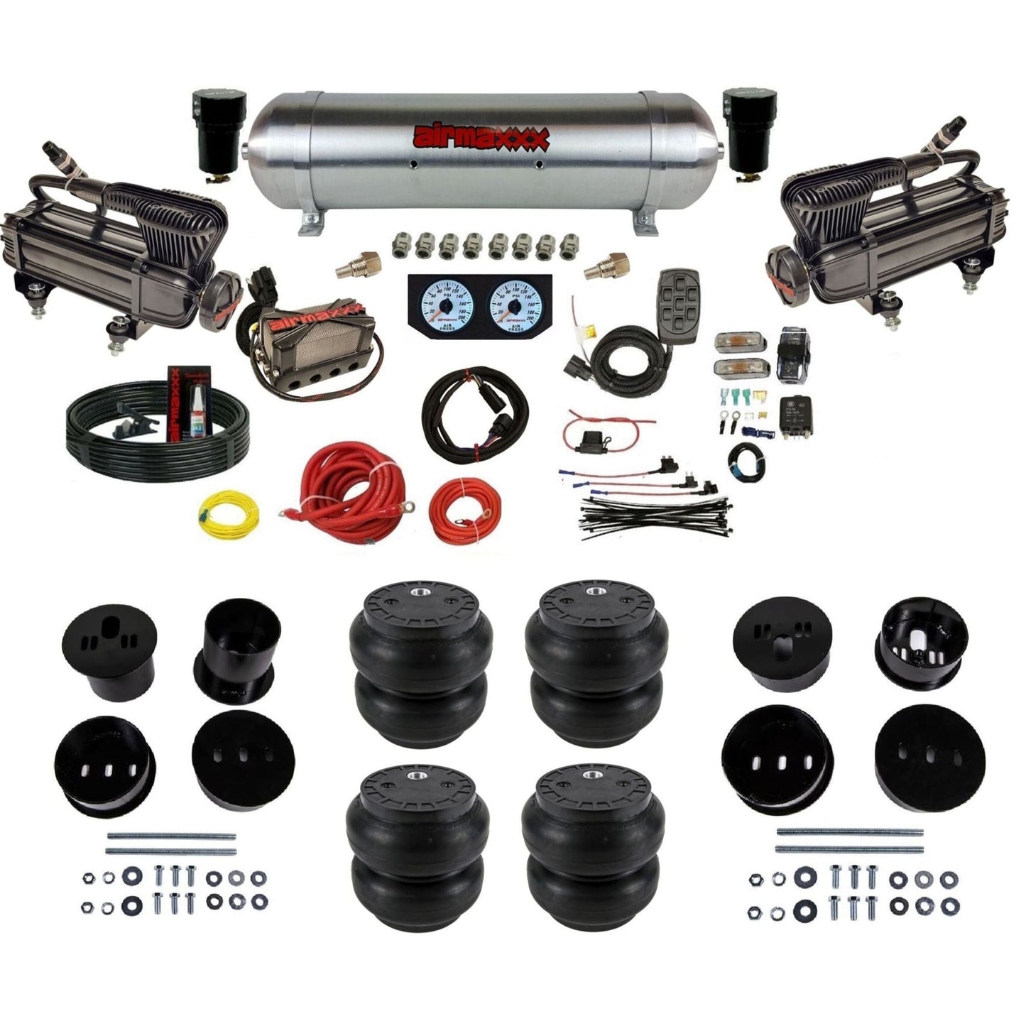 airmaxxx 3/8" X-series air compressor raw aluminum tank Slam bags & brackets kit for 1958-1960 Cadillac KCAD58-XB2-57ARW-X4X7-WK-HFSS7