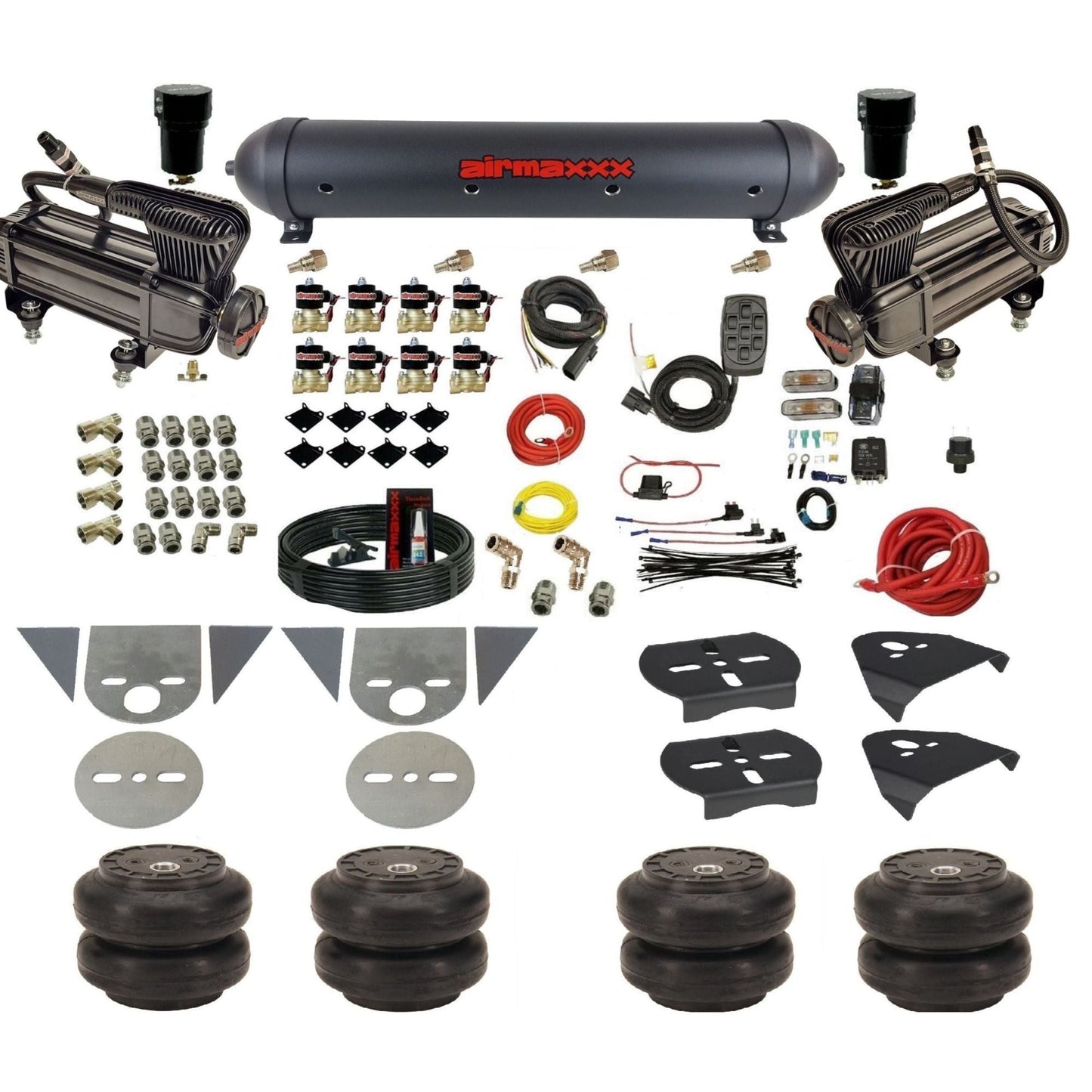 airmaxxx 3/8 fastbag air ride kit with x-series compressors aluminum air tank and Slam bags KTOR-XB2-838-59ABK-7BK-WK-HFSS6