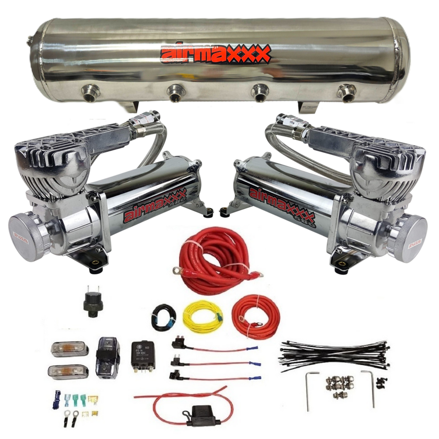 airmaxxx 580 dual chrome air compressor with 5 gal 9 port stainless air tank