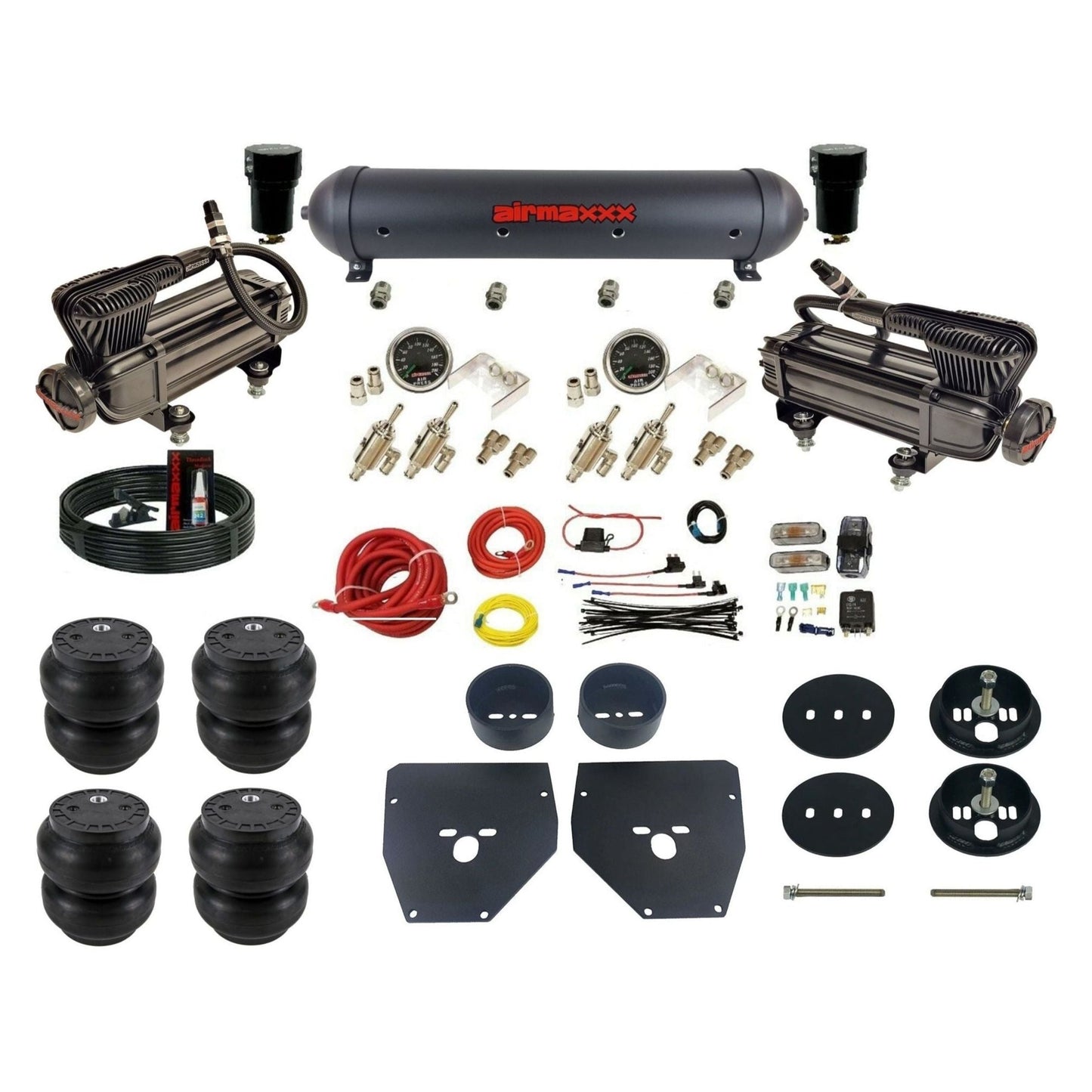 airmaxxx Black Manual X-series Air Suspension Kit 3/8 DLOE Valve Slam Bags Brackets & Aluminum Tank Fits 1963-1972 C10 KC1063-XB2-59ABK-4TOG2GA2B-WK-HFSS7