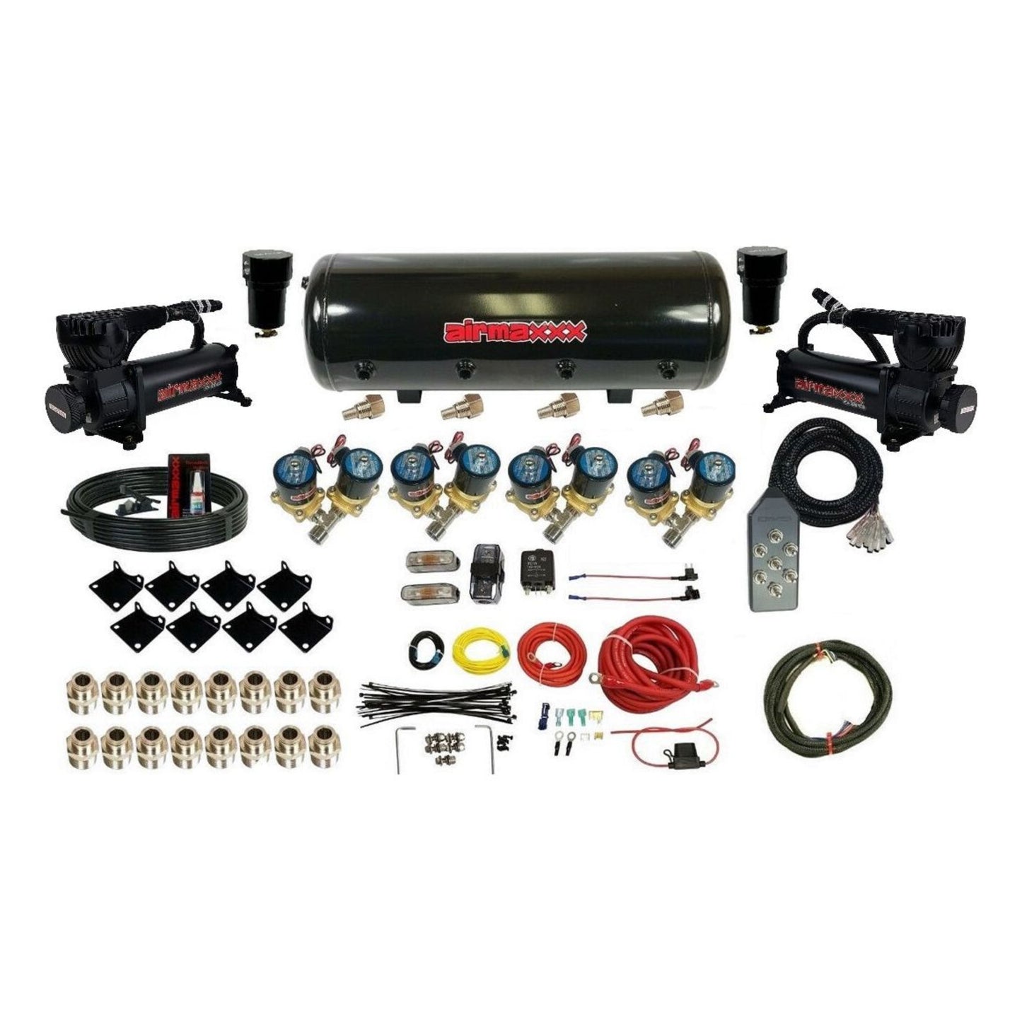 airmaxxx Complete 1/2 inch air ride management kit with 580 black tank lines and fittings