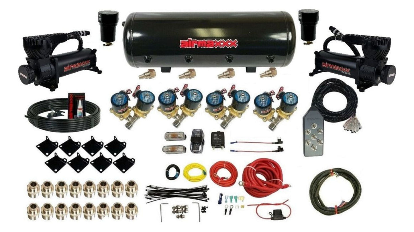 airmaxxx Complete 1/2 inch air ride management kit with 580 black tank lines and fittings