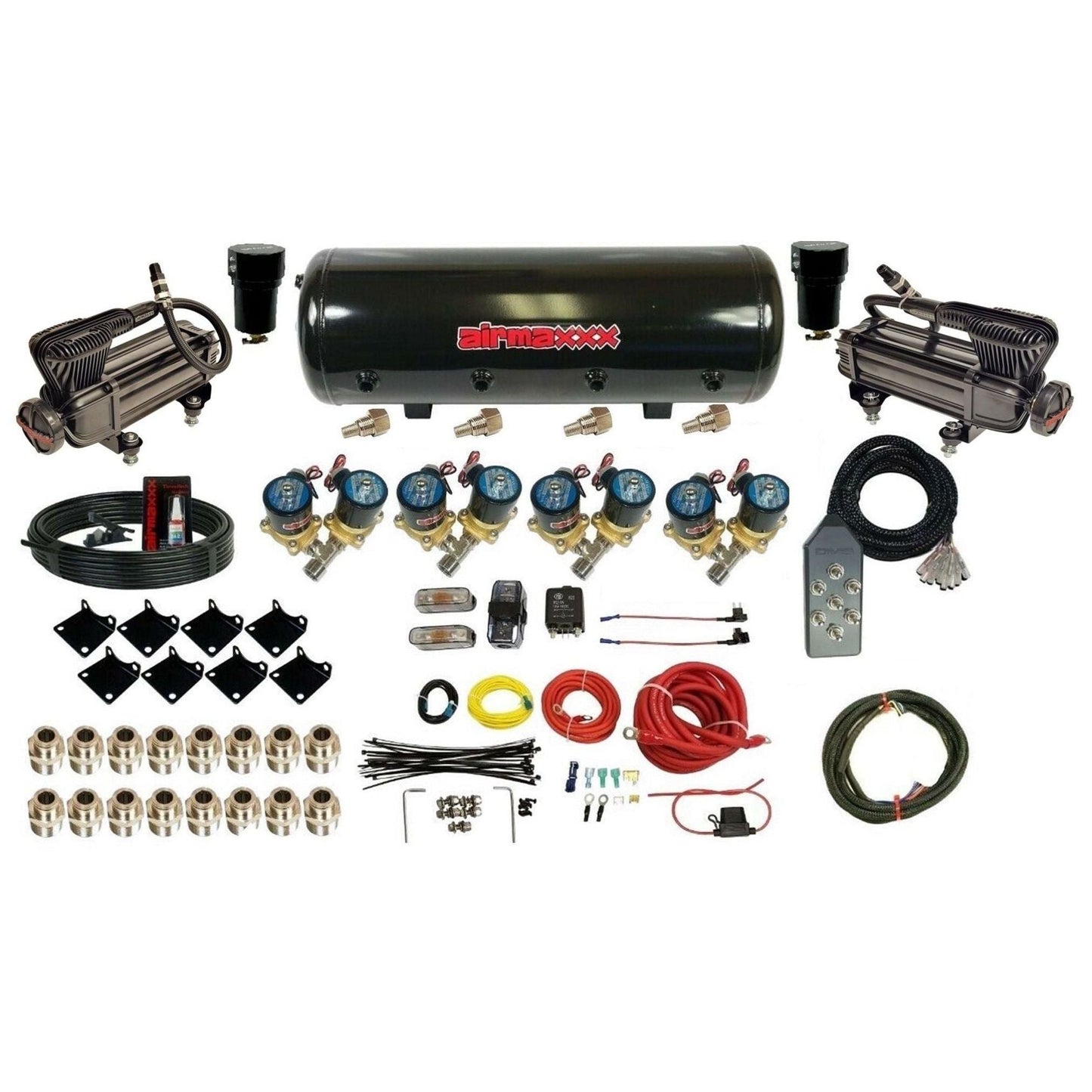airmaxxx Complete 1/2 inch air ride management kit with x-series tank lines and fittings KXB2-812-89-7TBK-WK-HF
