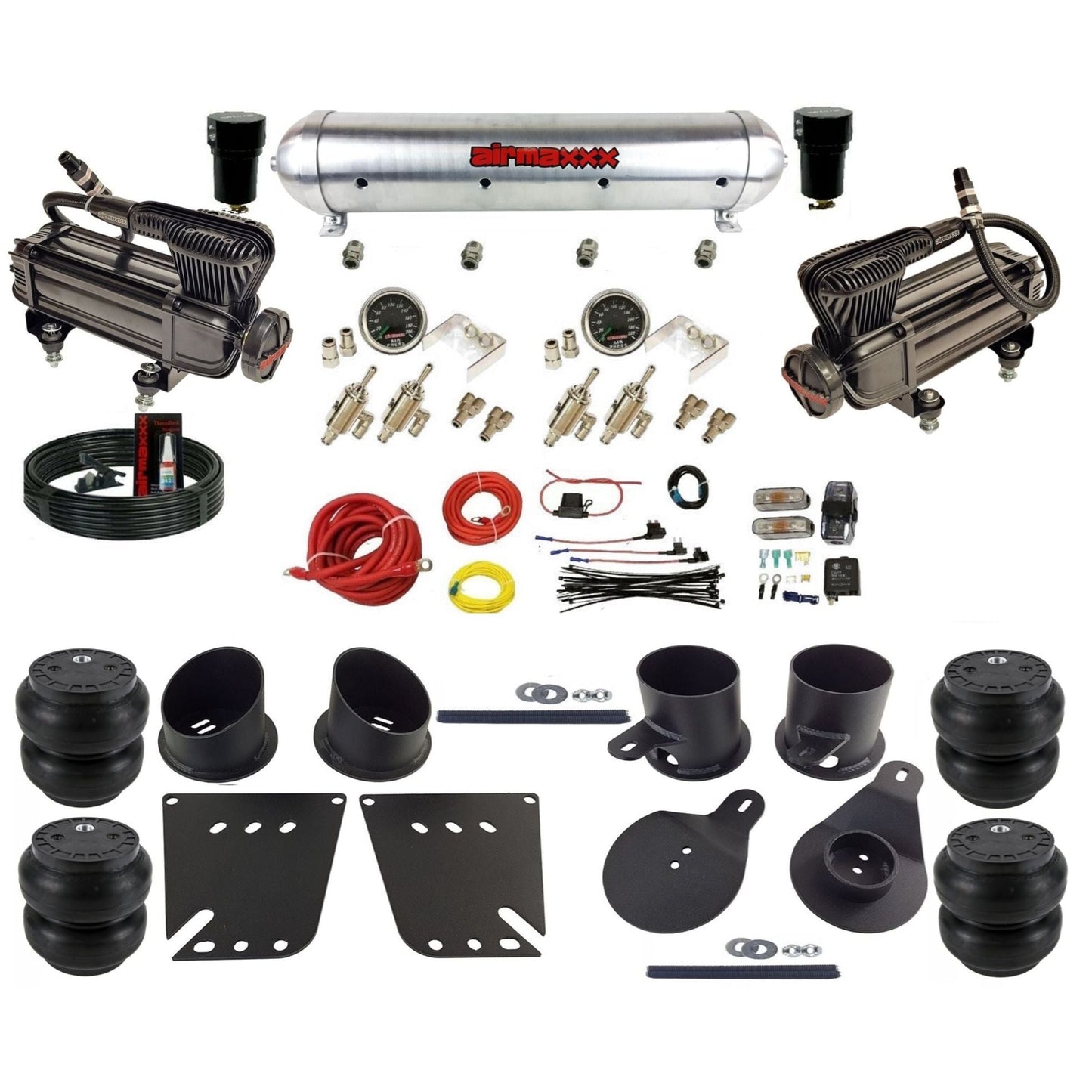 airmaxxx X-Series air compressors 3/8 manual air suspension raw aluminum air tank w/Slam bags kit fits 1958 64 chevy impala KIMP58-XB2-59ARW-4TOG2GA2B-WK-HFSS7