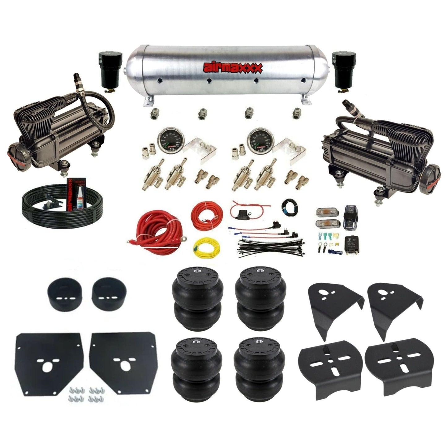 airmaxxx X-series air compressors 3/8 manual toggles Slam bags raw aluminum air tank air suspension kit fits 1973 87 chevy c10 KC1073-XB2-59ARW-4TOG2GA2B-WK-HFSS7