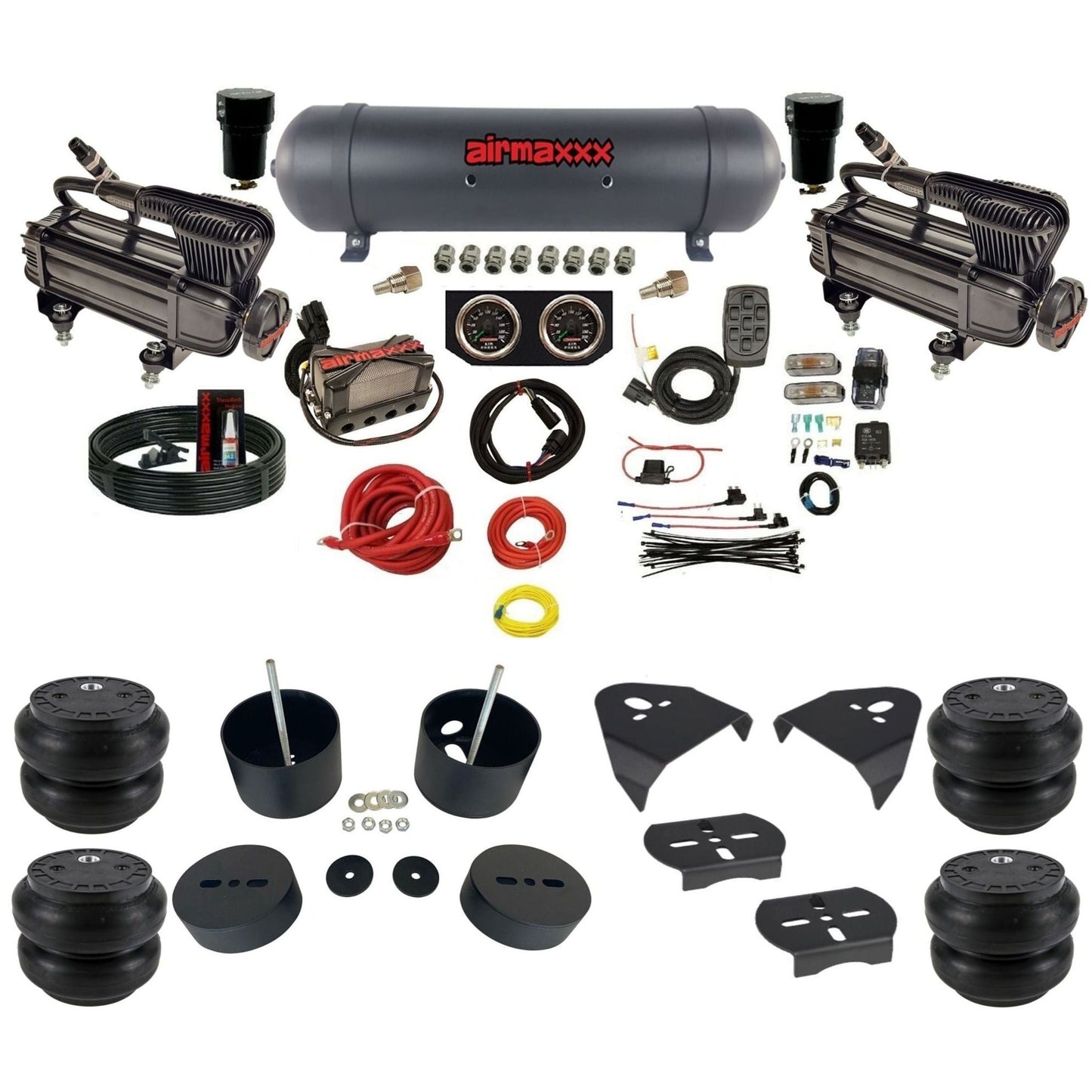 airmaxxx X-series air compressors X4 air manifold aluminum air tank Slam bags & brackets install kit fits 1999-06 Silverado 1500 KGM99-XB2-57ABK-X4X7-WK-HFSS7