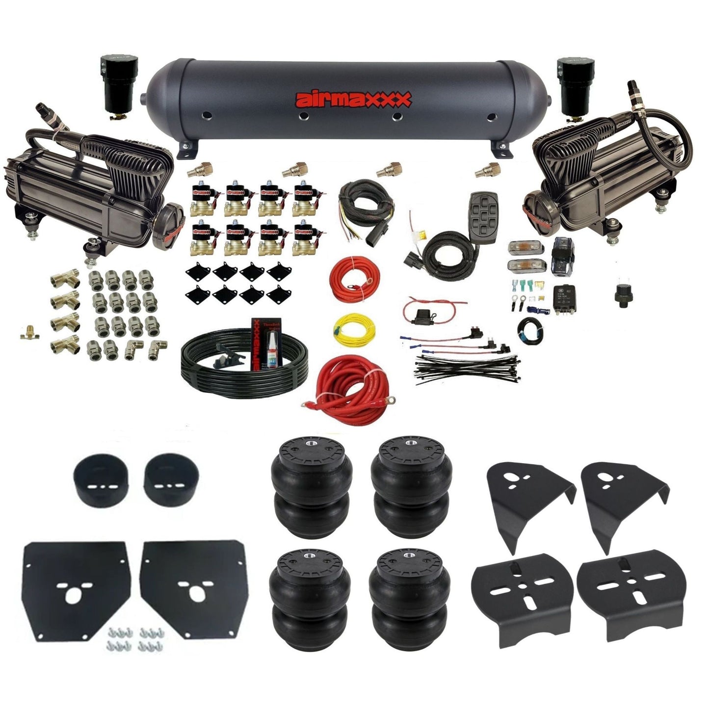 airmaxxx X-series air compressors black aluminum air tank Slam bags & brackets 3/8" air suspension kit for 1973-1987 Chevy/GMC C10 KC1073-XB2-838-59ABK-7BK-WK-HFSS7