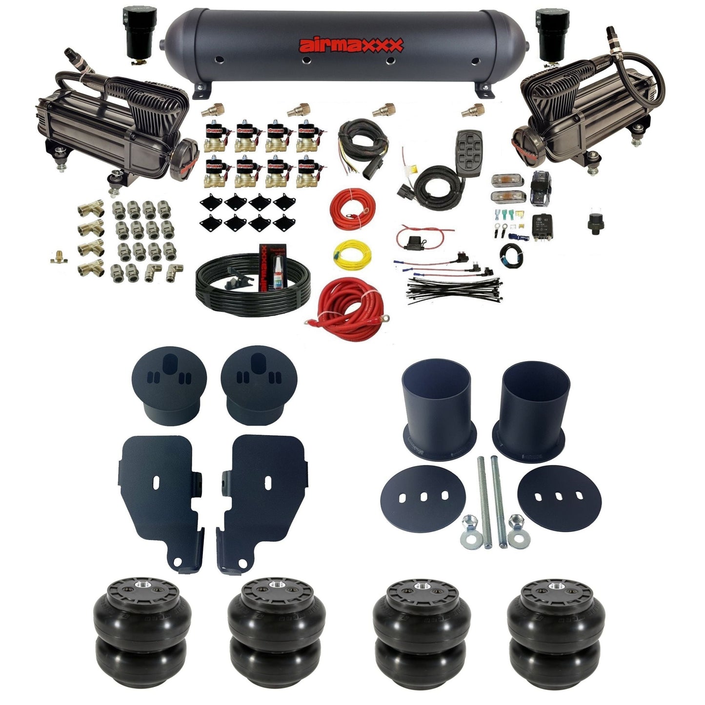 airmaxxx X-series compressors Slam Fast Bags & black aluminum tank 3/8" air suspension kit Fits 1965-1970 Chevy Impala KIMP65-XB2-838-59ABK-7BK-WK-HFSS6