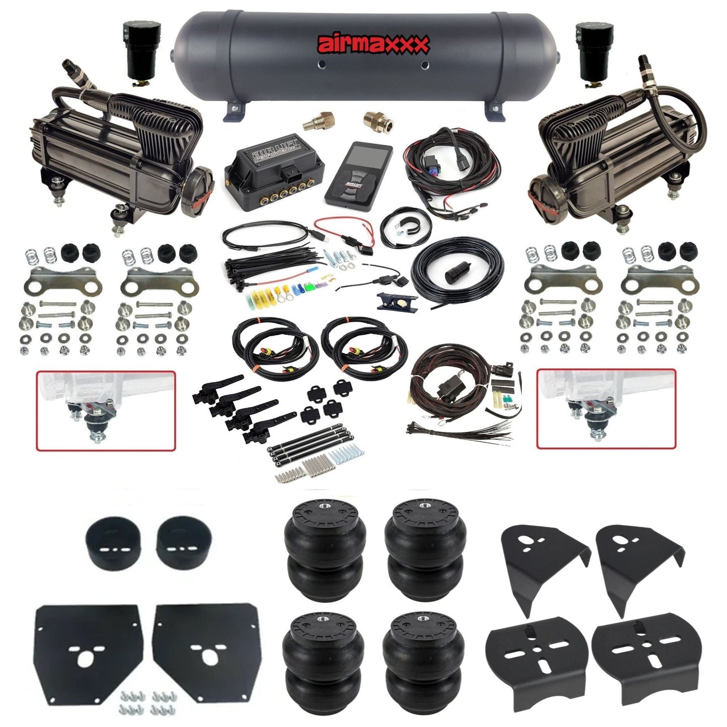 airmaxxx X-series compressors Slam bags black aluminum tank & air lift 3h 27695 plug and play air ride kit fits 1973-87 c10 KC1073-XB2-57ABK-27695-WK-3P2SS7