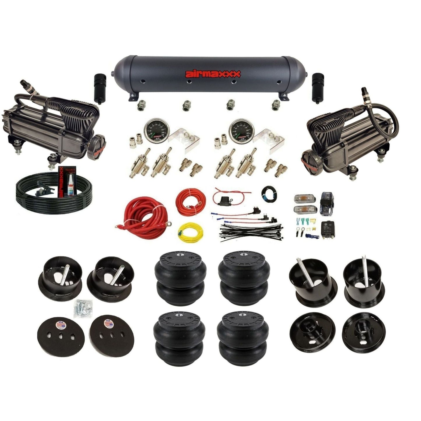 airmaxxx air ride kit X-series black air compressors black aluminum air tank toggle switches and Slam bags fits 1961-62 Cadillac K-CAD6162-XB2-59ABK-4TOG2GA2B-WK-HFSS7