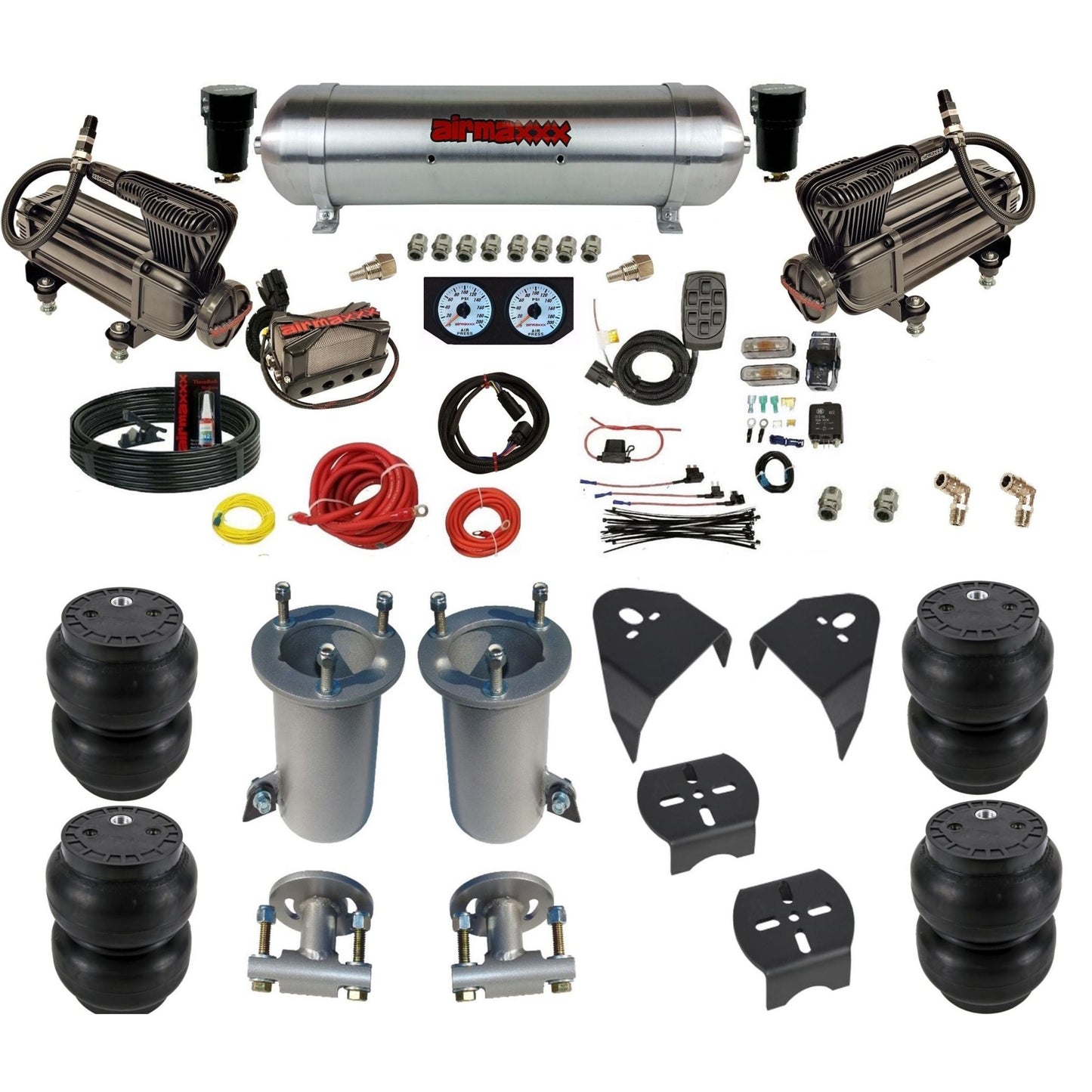airmaxxx air ride kit w/X-series compressors raw aluminum air tank X4 manifold and Slam bags & brackets KGM07-XB2-57ARW-X4X7-WK-HFSS7